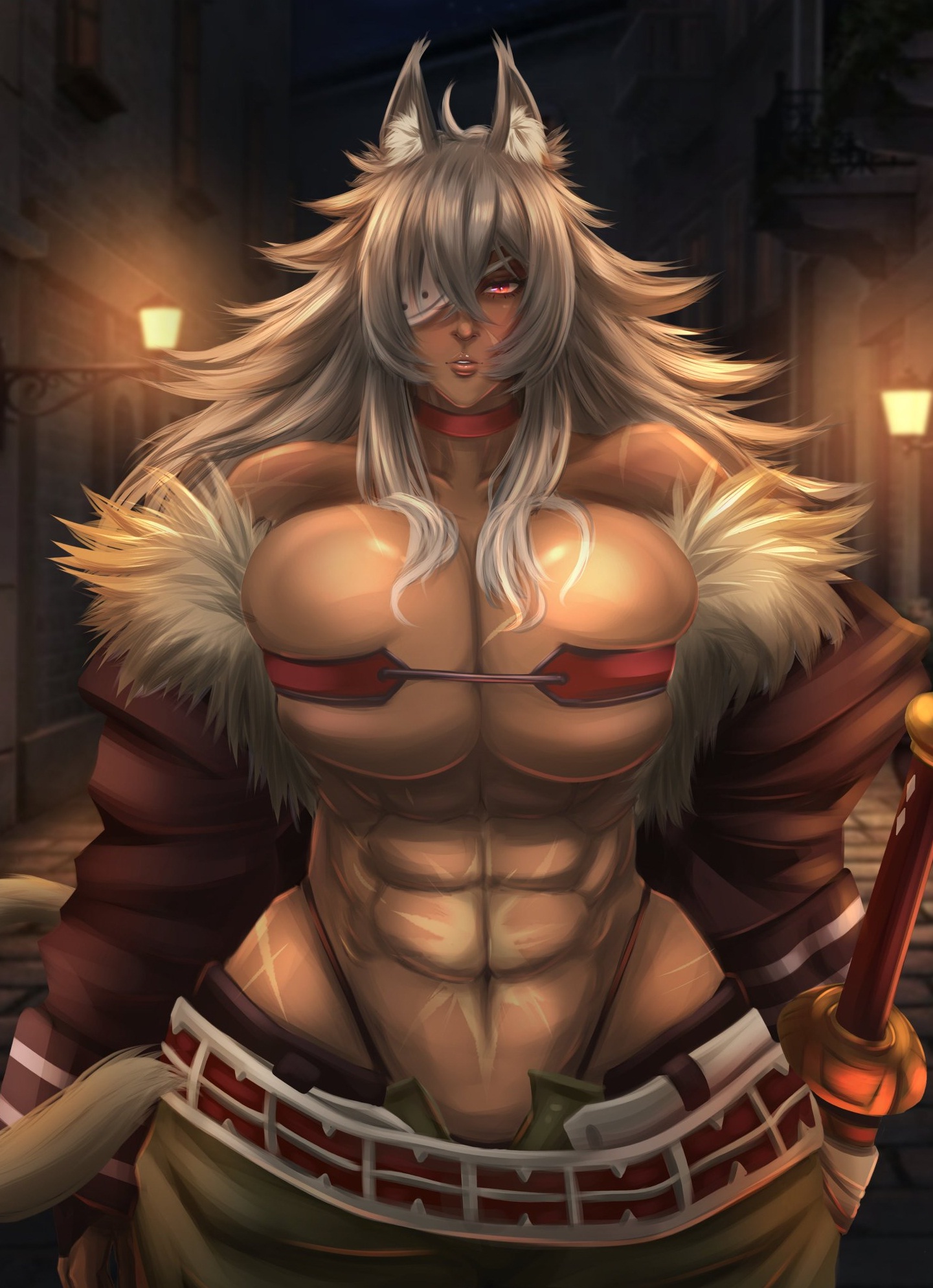 1girls, abs, animal ear, animal tail, athletic, athletic female, belly, belt, big breasts, bra, breasts, building, cat ears, cat girl, cat humanoid, cat tail, catgirl, choker, clothed, clothing, curvaceous, curvy, dark skin, dark-skinned female, dr.biscuits, eyepatch, female, ghislaine dedoldia, grey hair, house, huge breasts, jacket, jacket open, large breasts, long hair, looking at viewer, muscular, muscular arms, muscular female, muscular legs, muscular thighs, mushoku tensei, navel, night, night sky, panties, red eyes, red thong, scar, scared, seductive eyes, seductive look, silver hair, solo, solo female, solo focus, standing, stomach, sword, teeth, toned, toned female, very long hair, weapon, white hair, window