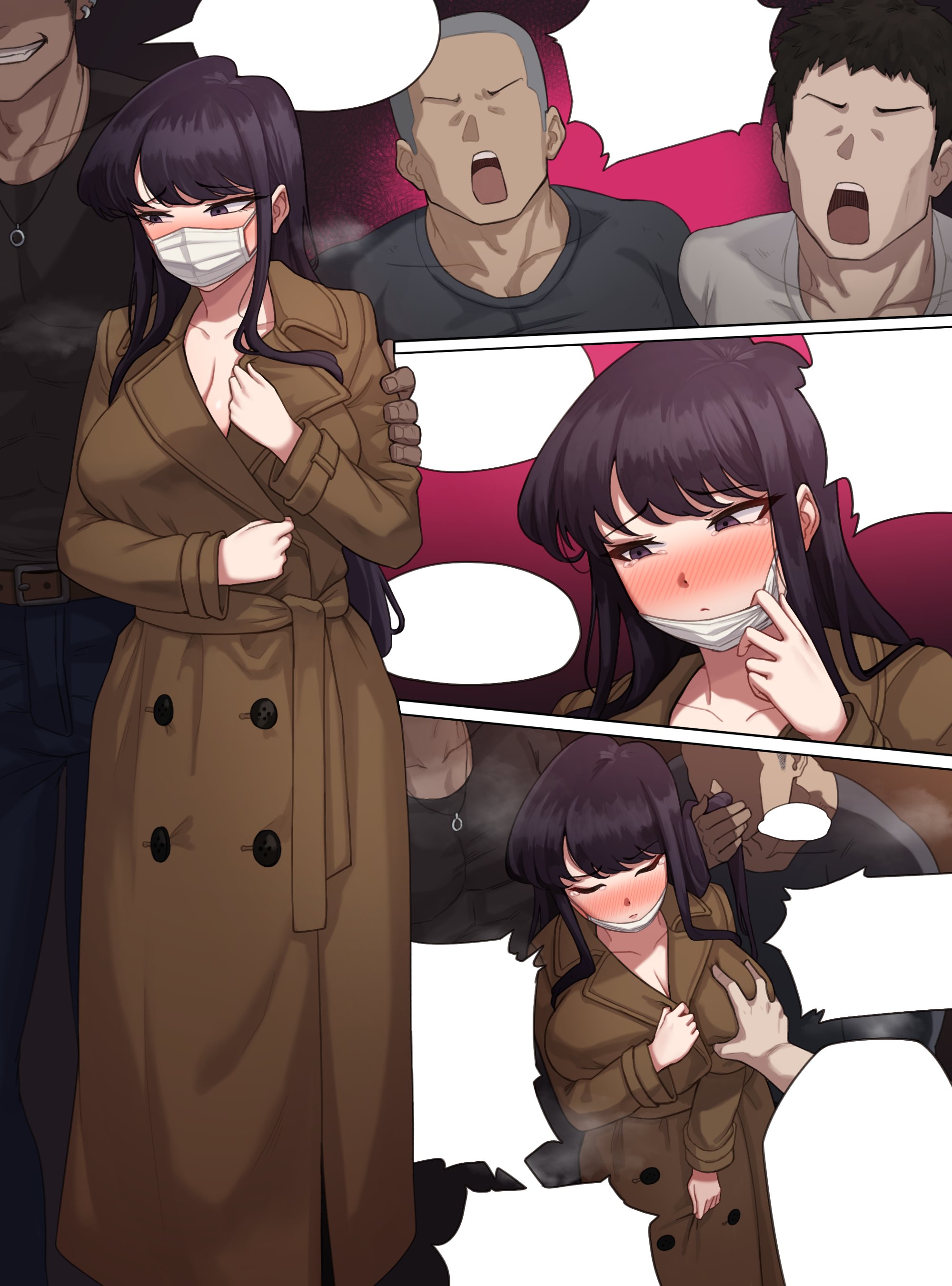 1girls, 3boys, ashamed, big breasts, blush, breast grab, breasts, embarrassed, facemask, female, fondle, fondling breast, groping, komi shouko, komi-san wa komyushou desu, male, poper, public, public nudity, tagme, trenchcoat