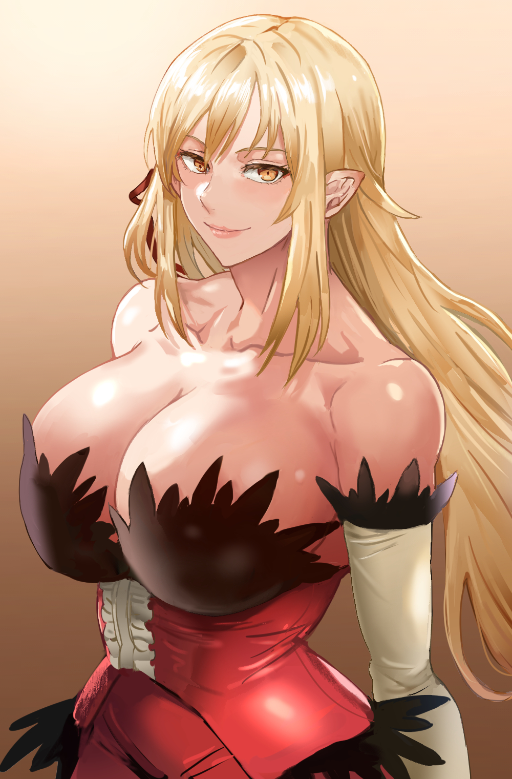 1girls arm_sleeves bakemonogatari blonde_hair breasts cleavage daraz18aka dress female female_only hi_res kiss-shot_acerola-orion_heart-under-blade light-skinned_female light_skin long_hair looking_at_viewer monogatari_(series) orange_eyes pointy_ears smiling smiling_at_viewer solo solo_female upper_body vampire