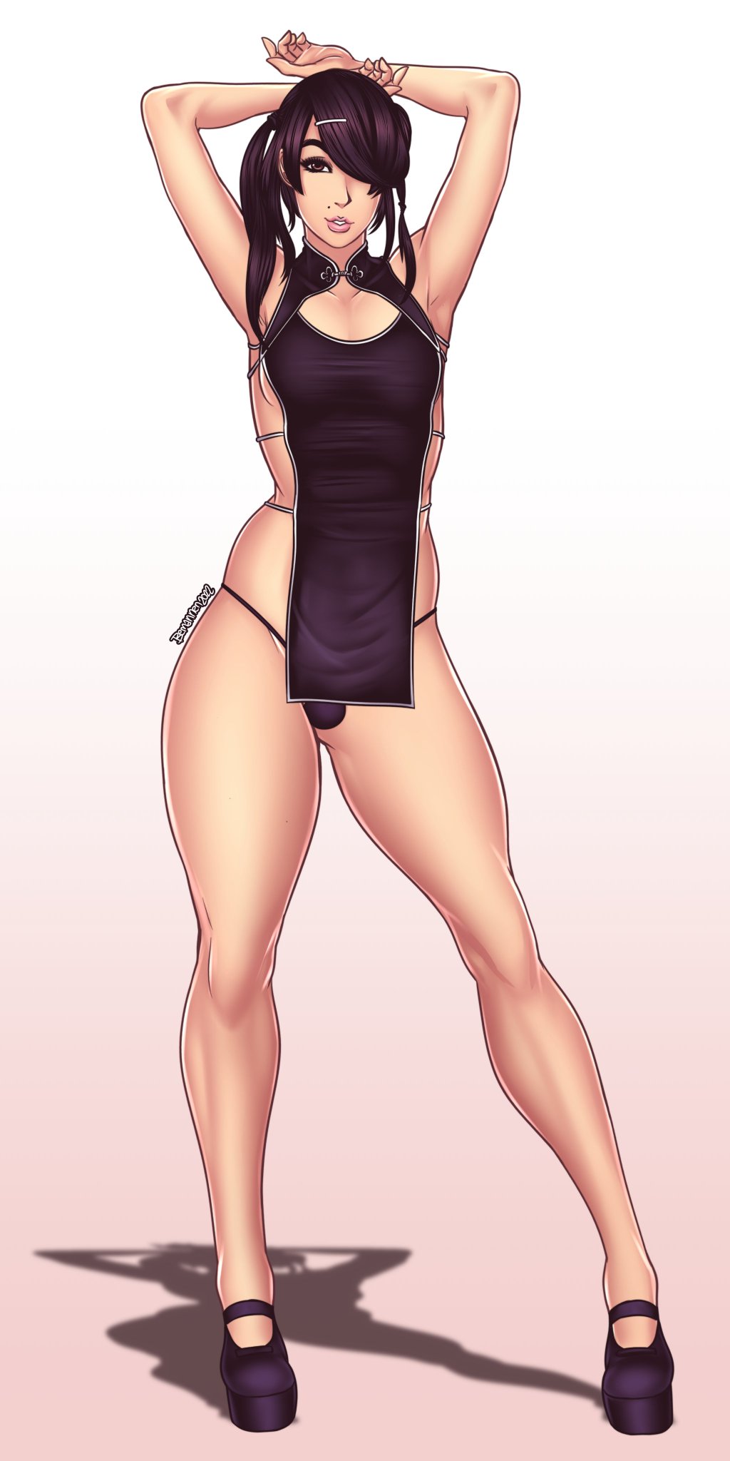 1boy, bemannen, black panties, bulge, chinese clothes, femboy, full body, girly, hair over one eye, inviting, male, male only, mole above mouth, original, original character, purple hair, qipao, solo, tagme, trap