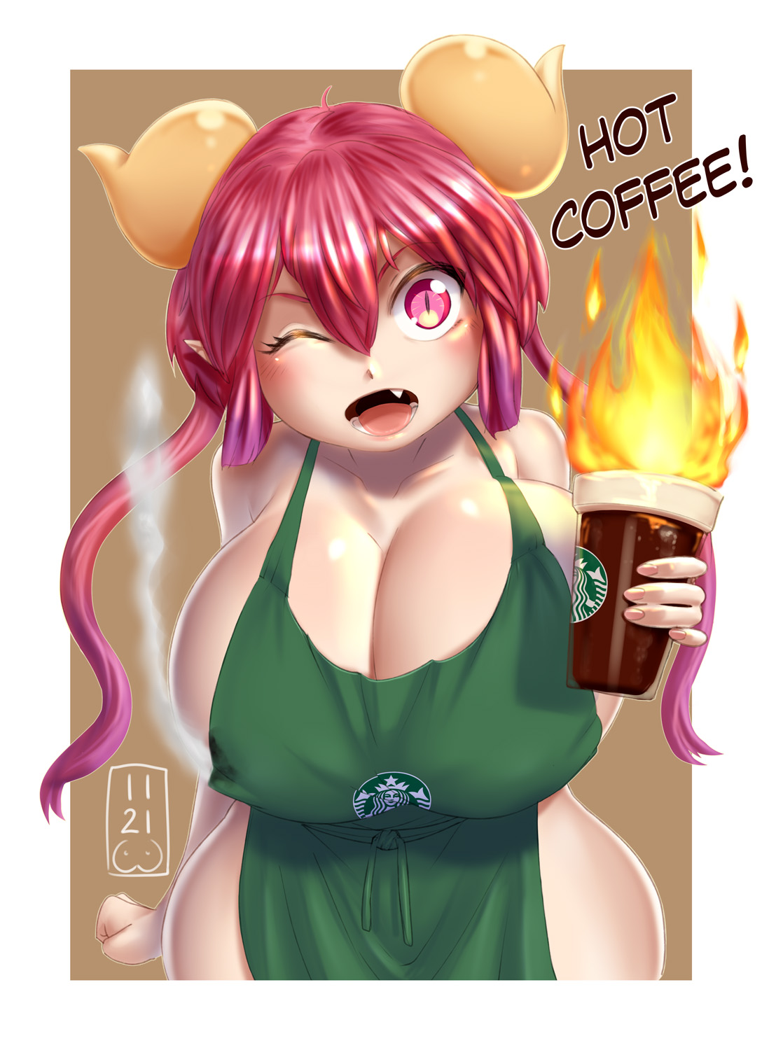 1girls, abosomforapillow, apron, breasts, dragon girl, female, female only, fire, horns, hot liquid, huge breasts, iced latte with breast milk, ilulu (dragon maid), magenta hair, meme, miss kobayashi's dragon maid, naked apron, solo, starbucks, voluptuous, wink