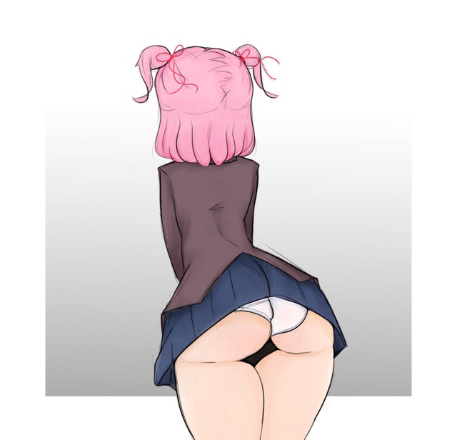 1girls, ass, blazer, blue skirt, doki doki literature club, female, from behind, ioworshipper, natsuki (doki doki literature club), panties, pantyshot, pantyshot (standing), pink hair, school uniform, schoolgirl, short hair, skirt, small ass, upskirt, white panties