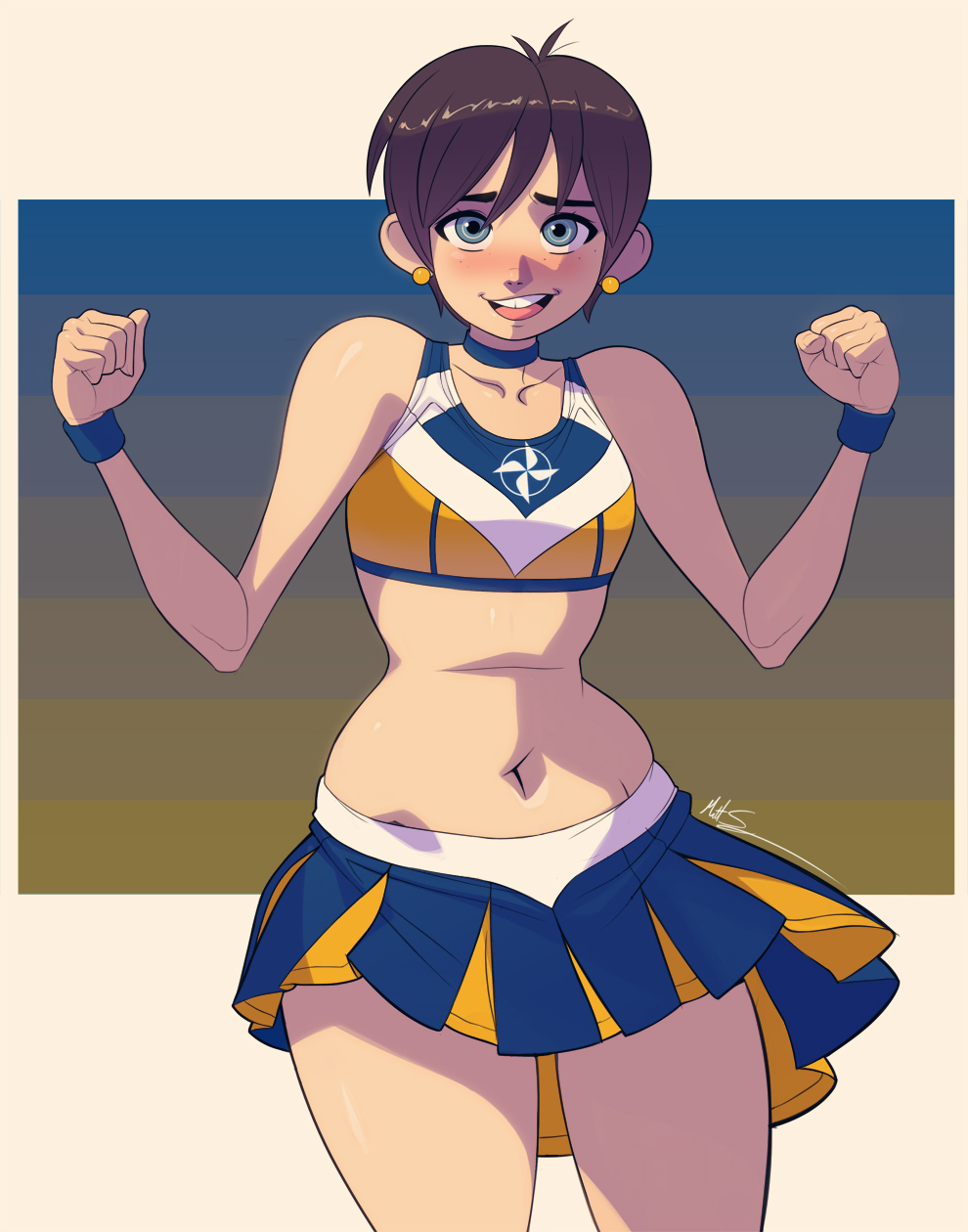 1girls, androgynous, artist signature, blue eyes, blush, breasts, capcom, cheerleader, cheerleader uniform, earrings, female, female only, hourglass figure, looking at viewer, medium breasts, miniskirt, msperoni, rebecca chambers, resident evil, short hair, solo, thick thighs, thunder thighs, triplexmile, very short hair, wide hips