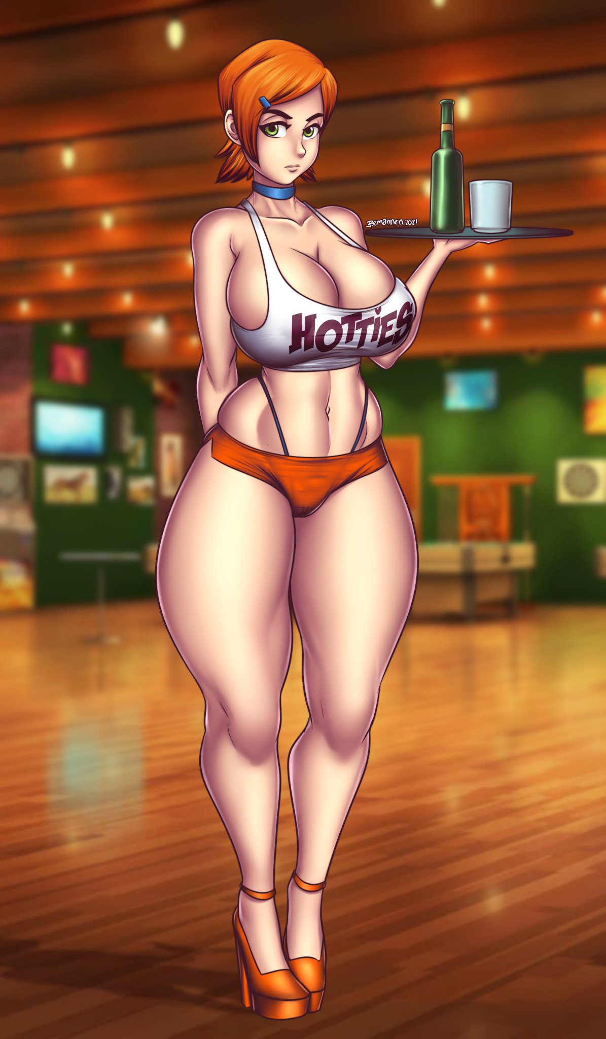 1girls, aged up, bemannen, ben 10, breasts, busty, cartoon network, choker, cleavage, female, female only, green eyes, gwen tennyson, heels, high heels, hooters uniform, hotties, huge breasts, orange hair, parody, platform heels, revealing clothes, skimpy clothes, thick thighs, thong, thong above shorts, thong straps, thunder thighs, underwear, voluptuous, wide hips