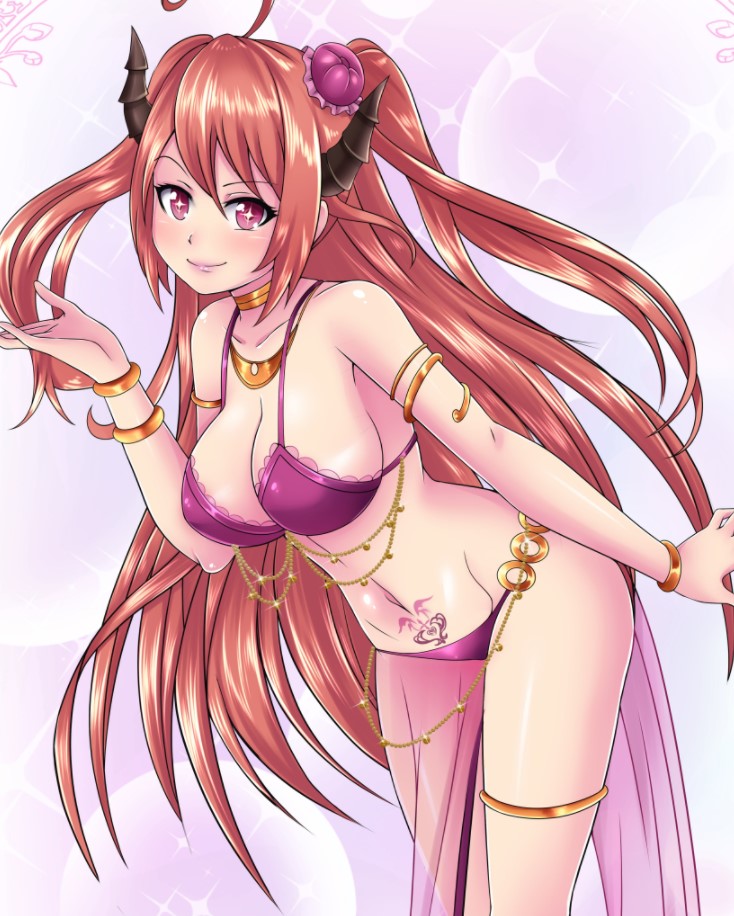 armlet belly_dancer belly_dancer_outfit bracelets cleavage dancer dancer_outfit demon_girl demon_horns harem_girl harem_outfit ibuki_hitomi large_breasts loincloth long_hair looking_at_viewer magenta_eyes magenta_hair noboru_revista original original_character pubic_tattoo succubus succubus_tattoo