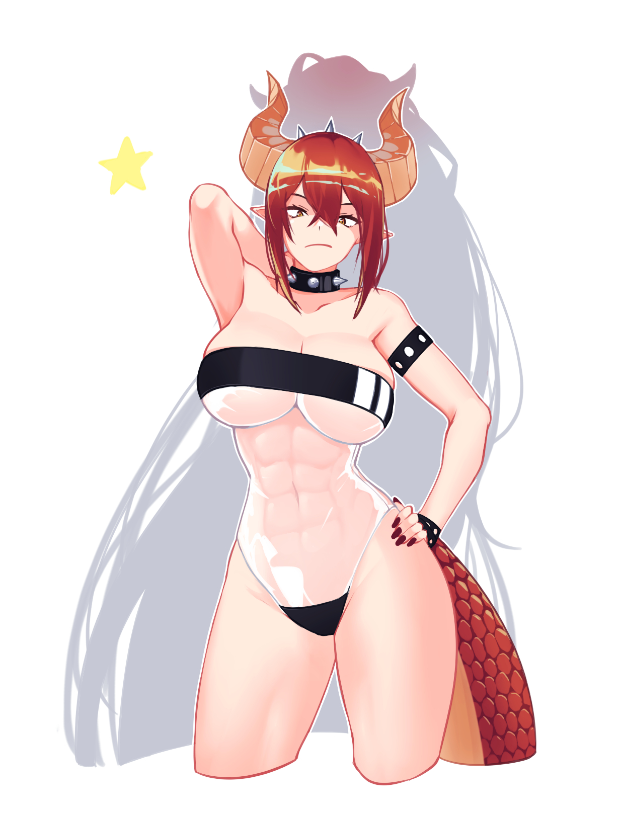 1girls, abs, arm behind head, breasts, collar, dragon girl, female, female only, gris swimsuit, hand on hip, horns, huge breasts, large breasts, light skin, light-skinned female, one-piece swimsuit, pointy ears, ponytail, red hair, see-through, solo, solo female, solo focus, swimsuit, tail, thick thighs, virtual youtuber, vshojo, white background, wings, yellow eyes, yorunys, zentreya