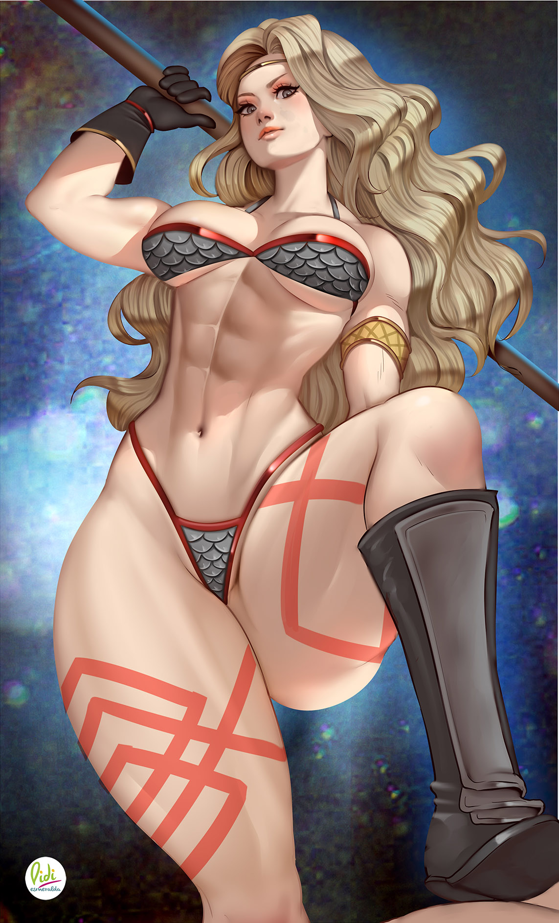 abs, amazon, amazon (dragon's crown), armlet, armor, bikini armor, blonde hair, boots, breasts, chainmail, chainmail bikini, didi esmeralda, dragon's crown, female, female only, fit, fit female, fully clothed, gloves, grey eyes, large breasts, looking at viewer, looking down, original, revealing clothes, skimpy clothes, tattoo, thong