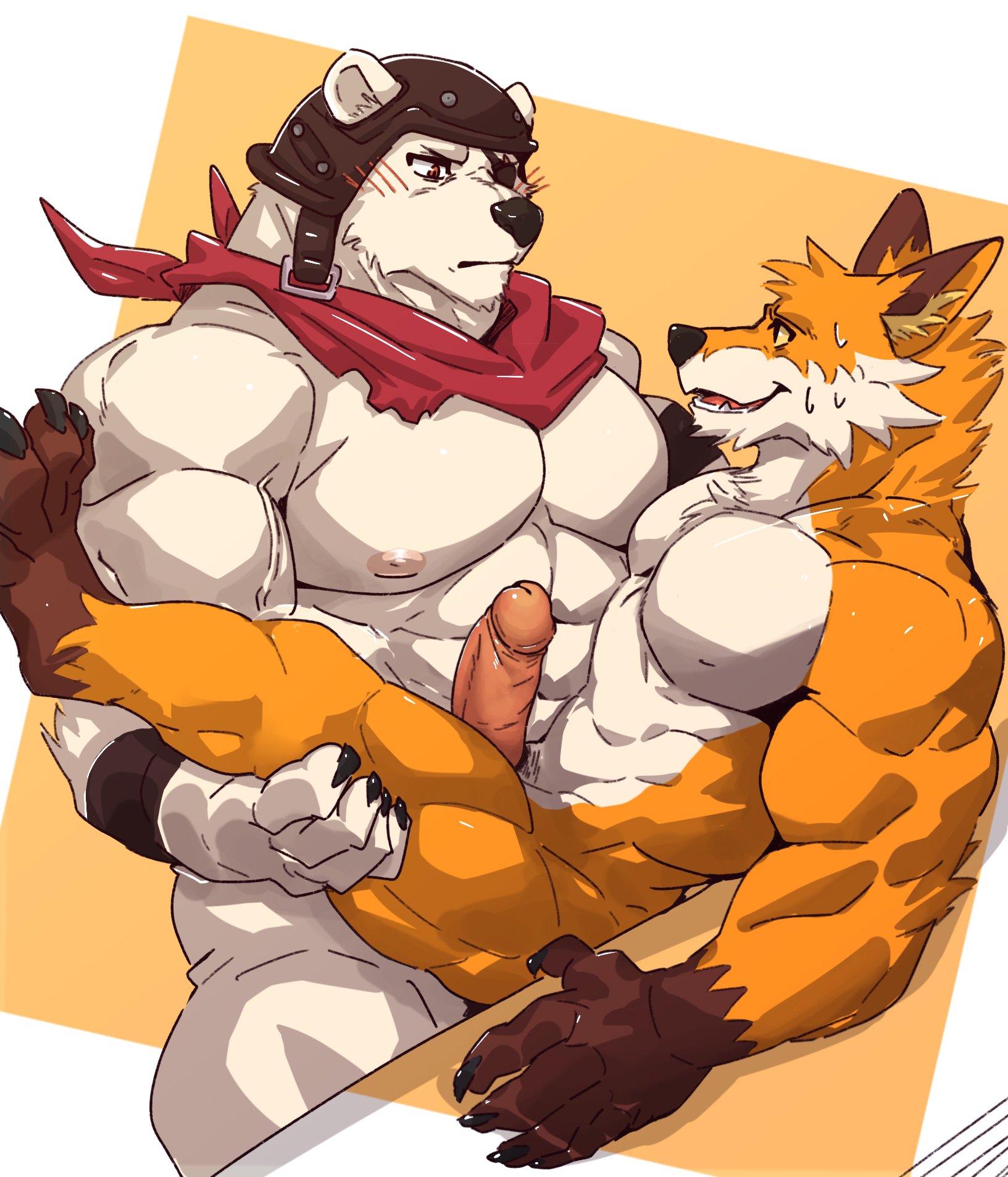 2boys, anthro, erect penis, erection, fennix (fortnite), fortnite, furry, gay, male, male only, penis, polar patroller, polar patroller (fortnite), tagme, yaoi