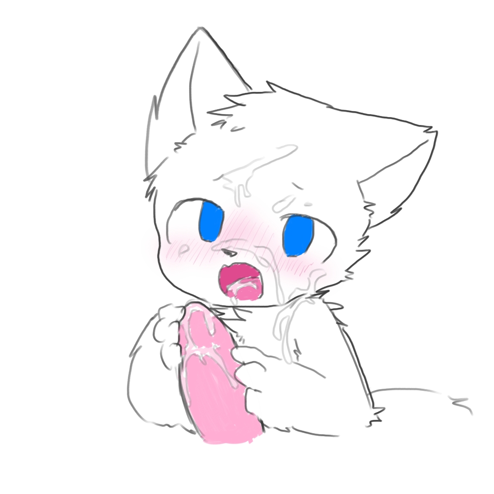 after fellatio, after sex, blue eyes, blush, changed (video game), fur, furry, gay, light latex (changed), light latex wolf (changed), lin (changed), male, sanu (サヌ), white fur, wolf