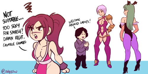 1girls brown_hair clothing crossover darkstalkers fatal_fury green_hair high_heels isabella_valentine king_of_fighters mai_shiranui masahiro_sakurai medium_breasts meme morrigan_aensland ndasfw nintendo pink_hair pout snk soul_calibur succubus super_smash_bros.