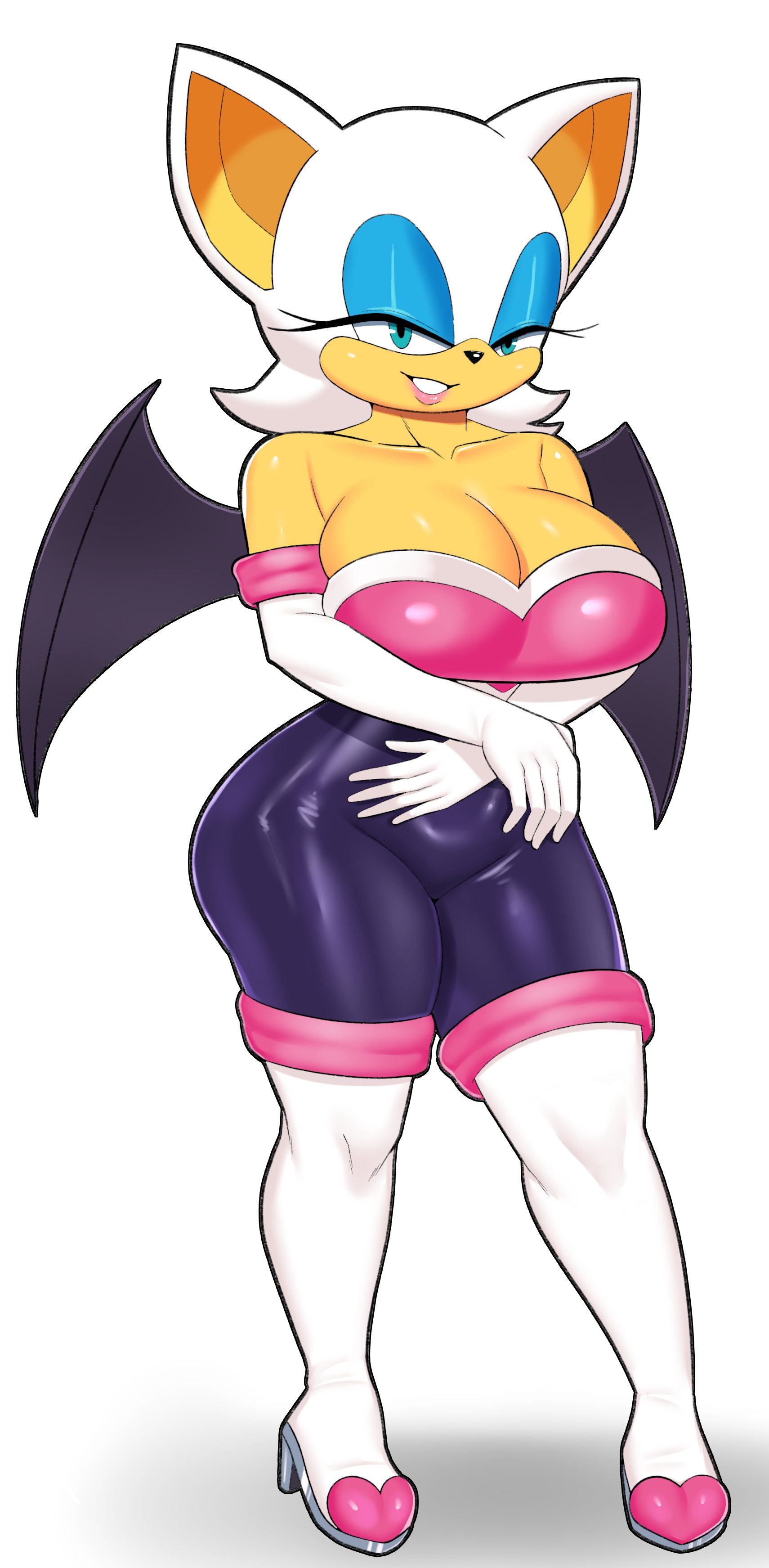 1:2, 1girls, anthro, bat, big breasts, blue eyes, boots, breasts, cleavage, coldarsenal, eyebrowless, eyelashes, eyeshadow, female, female focus, female only, fully clothed, green eyes, heels, lipstick, looking at viewer, makeup, no source, rouge the bat, sonic (series), sonic the hedgehog (series), thick thighs, white fur, white hair, wide hips, wings