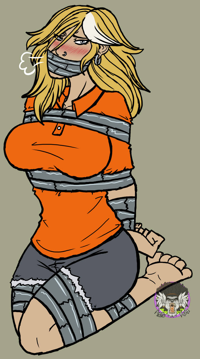 annabeth_chase blonde_hair blush bound bound_ankles bound_arms bound_legs bound_wrists breasts_out duct_tape feet female grey_eyes helpless kneeling percy_jackson_and_the_olympians piercings polo_shirt tight_pants white_streak