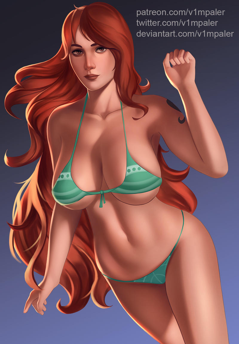 bikini bikini_bottom female female_only hazel_eyes huge_breasts long_hair looking_at_viewer nami no_pants one_piece orange_hair v1mpaler voluptuous