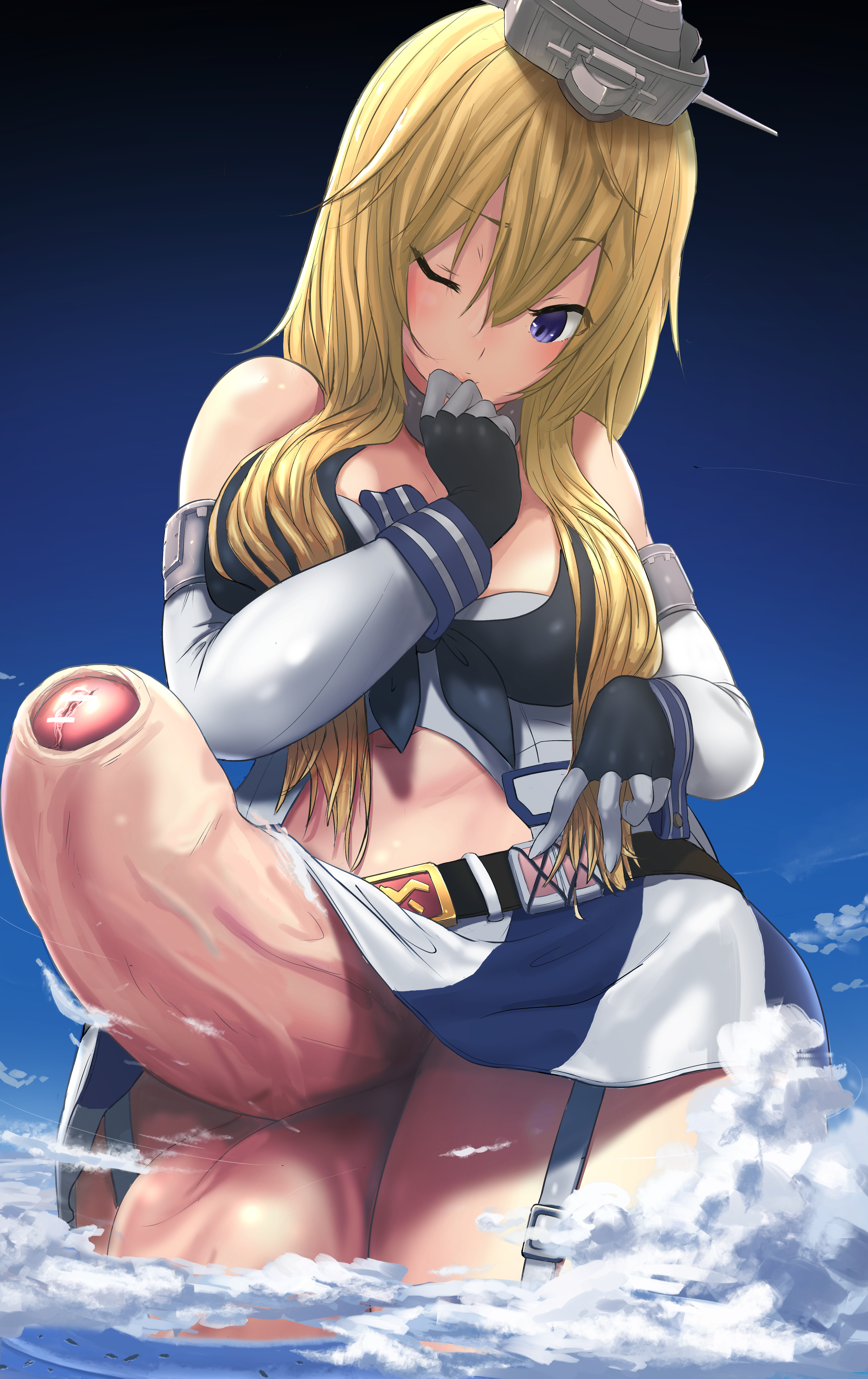 1futa, ass, balls, big balls, big breasts, big penis, blonde hair, blue eyes, bottomless, breasts, clothed, clothing, cloud, clouds, erect penis, erection, futa giantess, futa only, futanari, giant futa, giantess, huge ass, huge balls, human, intersex, iowa (kantai collection), kantai collection, light skin, light-skinned futa, long hair, macro, macro futa, partially clothed, penis, solo, solo focus, solo futa, standing, testicles, thick thighs, uru (uru0000), water