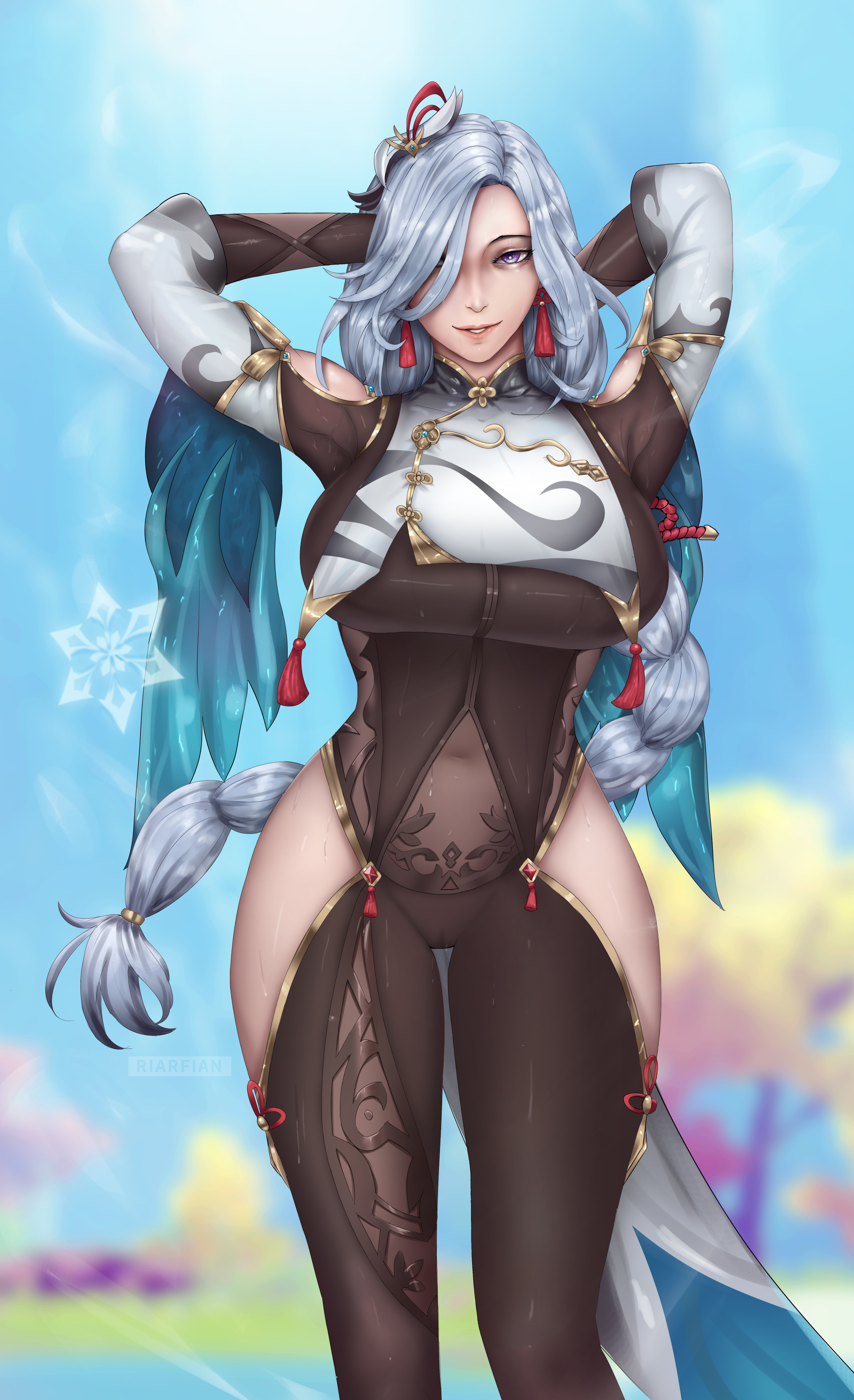 armpits, black gloves, blue eyes, blurry background, blush, bodysuit, braid, braided ponytail, breast curtain, breasts, camel toe, cameltoe, chinese clothes, clothed, clothing cutout, covered navel, covered nipples, eyes visible through hair, female, genshin impact, gloves, gold, hair ornament, hair over one eye, hand behind back, hand on head, hands behind head, highres, hip vent, impossible bodysuit, impossible clothes, iridescent, jewelry, large breasts, light blue hair, long hair, long sleeves, looking at viewer, mihoyo, nipples, nipples visible through clothing, one eye covered, pussy, riarfian, see-through, shenhe (genshin impact), shirt, shoulder cutout, silver hair, simple background, solo, thick, thick thighs, thighhighs, thighs, very long hair, voluptuous, wet clothes, white background, white shirt