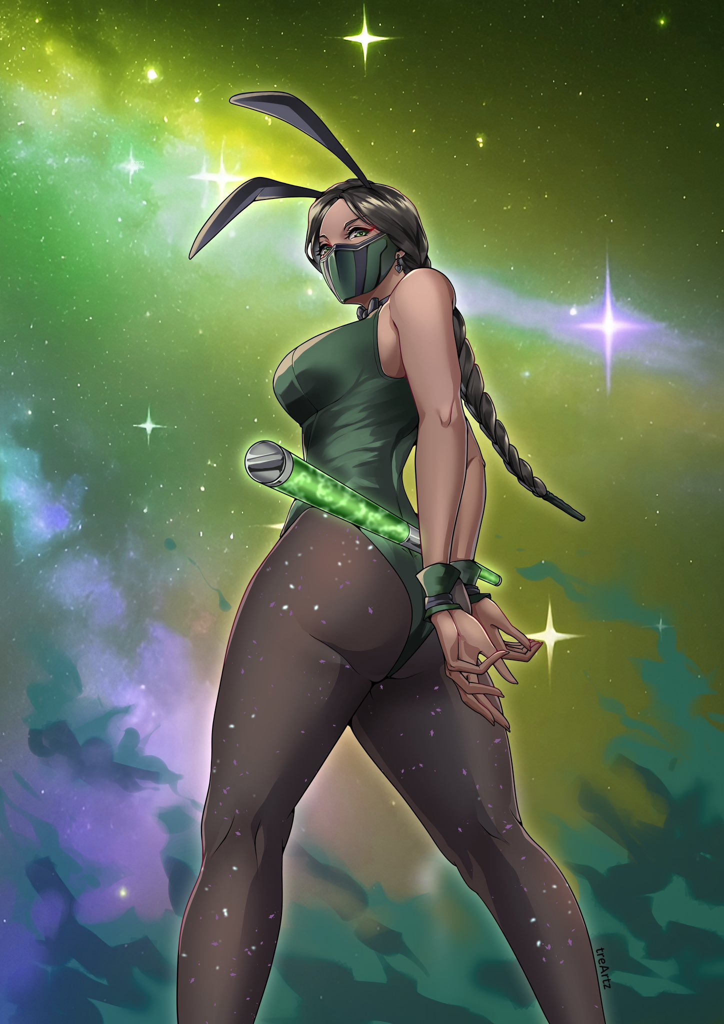 ass black_hair breasts bunny_ears bunnysuit clothing dark-skinned_female female female_only green_clothing jade_(mortal_kombat) large_ass mask masked masked_female mortal_kombat ponytail solo solo_female staff thotlerrr treartz