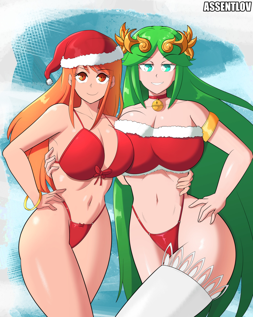 assentlov, bell collar, bikini, blue eyes, breasts, christmas, christmas clothing, circlet, crossover, female, female only, green hair, huge breasts, kid icarus, kid icarus uprising, nami (one piece), nintendo, one piece, orange eyes, orange hair, palutena, santa hat, thong, voluptuous
