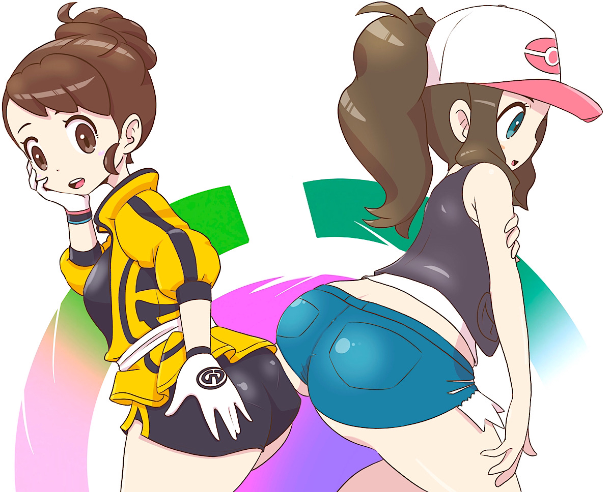 2girls, ass, ass hanging out of shorts, ass to ass, big ass, booty, female, female only, gloria (pokemon), hilda (pokemon), human, human only, microsd (artist), multiple females, multiple girls, nintendo, pokemon, pokemon bw, pokemon ss, pokemon ss isle of armor, short shorts, shorts