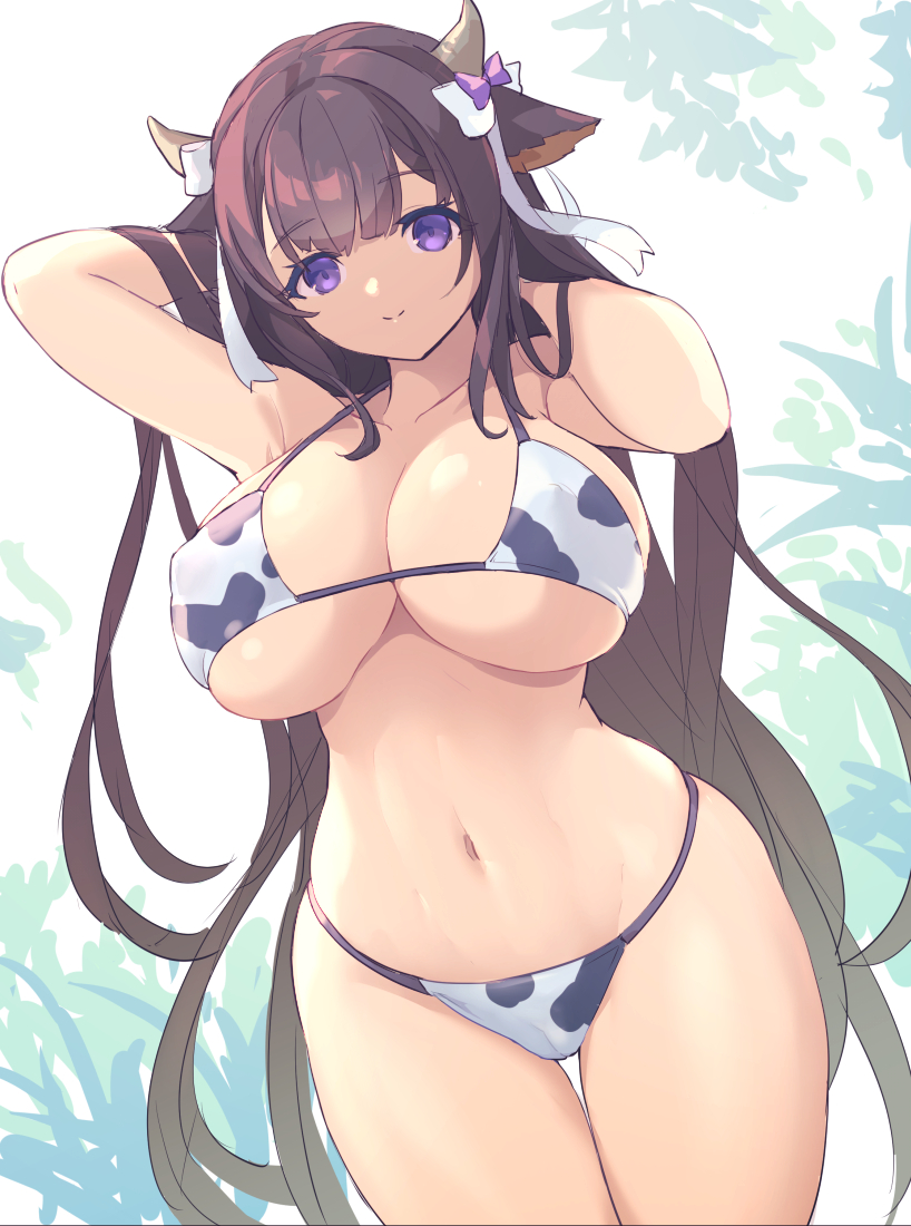 animal print, azur lane, bare shoulders, bikini, bow, breasts, brown hair, chingisu, cleavage, collarbone, covered erect nipples, cow ears, cow girl, cow horns, cow print, cow tail, curvy, female, flower, hair flower, hair ornament, halterneck, horns, huge breasts, kashino (azur lane), large breasts, long hair, looking at viewer, navel, purple bow, purple eyes, smile, solo, stomach, swimsuit, tail, thigh gap, very long hair, wide hips