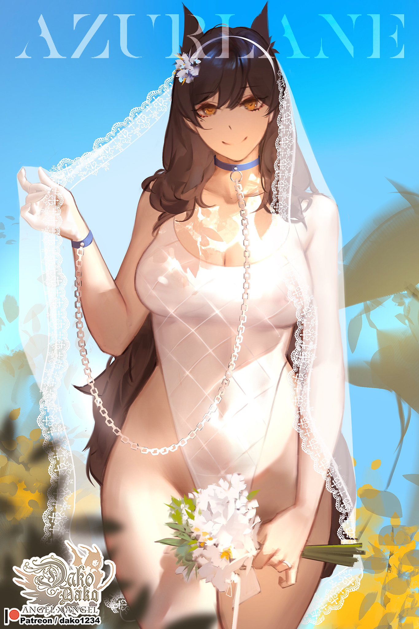 animal ears, artist name, atago (azur lane), azur lane, bare hips, blue sky, bouquet, breasts, brown hair, casual one-piece swimsuit, chains, collar, collarbone, copyright name, covered navel, cowboy shot, day, female, flower, groin, highleg, highleg swimsuit, highres, holding, holding bouquet, hu dako, large breasts, leash, long hair, one-piece swimsuit, orange eyes, outdoors, see-through, sky, solo, swimsuit, veil, very long hair, white flower, white swimsuit
