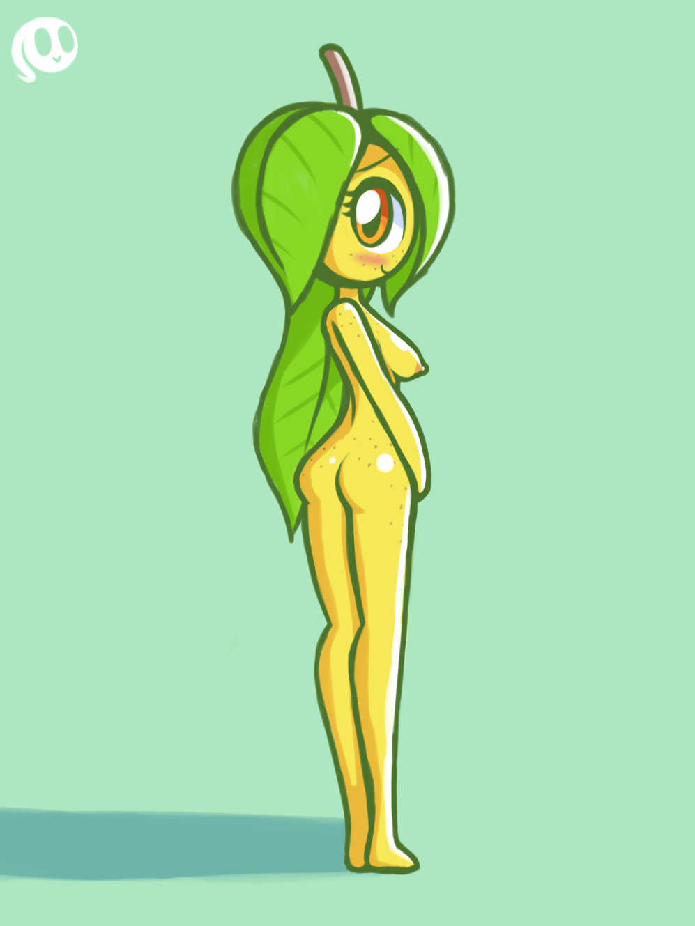 2017 ass blush breasts female female_focus female_only flora_fauna green_background looking_at_viewer mango mango_(fruit) naked nipples nude nude_female nudity plantie screwroot shadow smile standing tamis_(mikedspauler) yellow_body