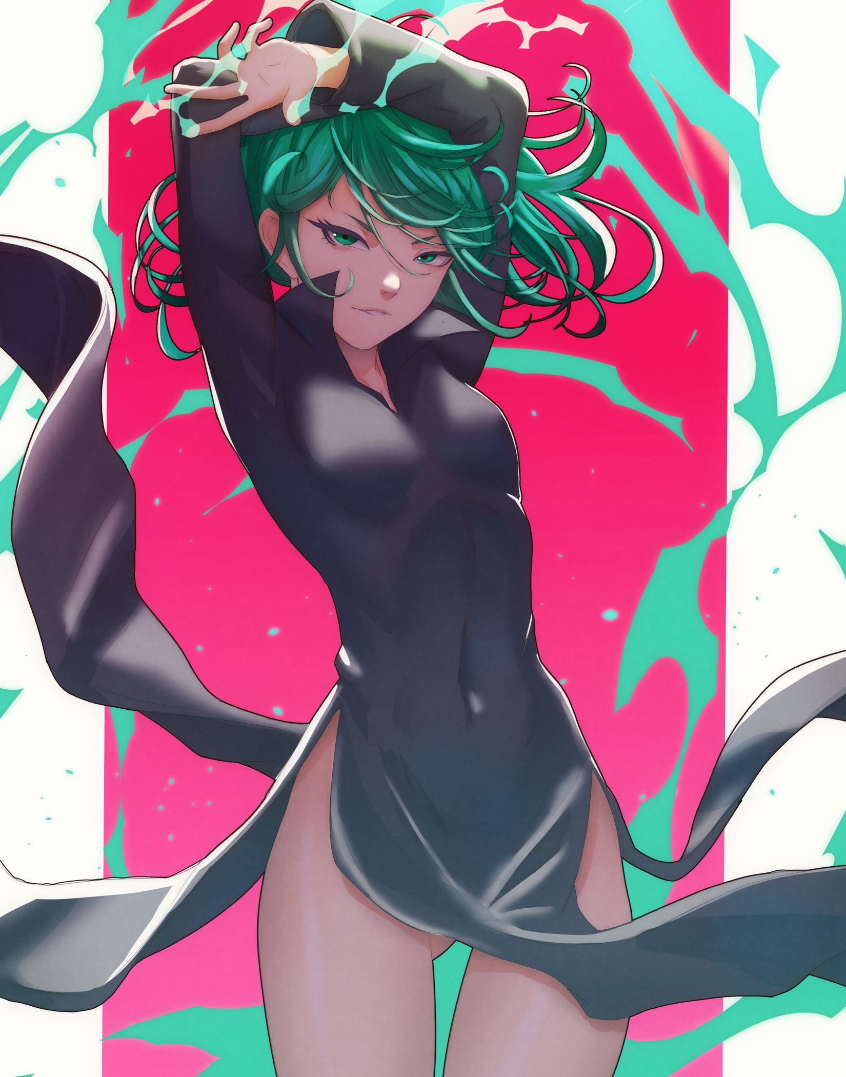 1girls, arms up, ass, ass visible through thighs, bare legs, bare thighs, black dress, bottomless, breasts, dress, female, female only, green eyes, green hair, looking at viewer, no panties, one-punch man, pelvic curtain, pomelomelon, short hair, small breasts, smile, solo, tatsumaki, thigh gap, thighs