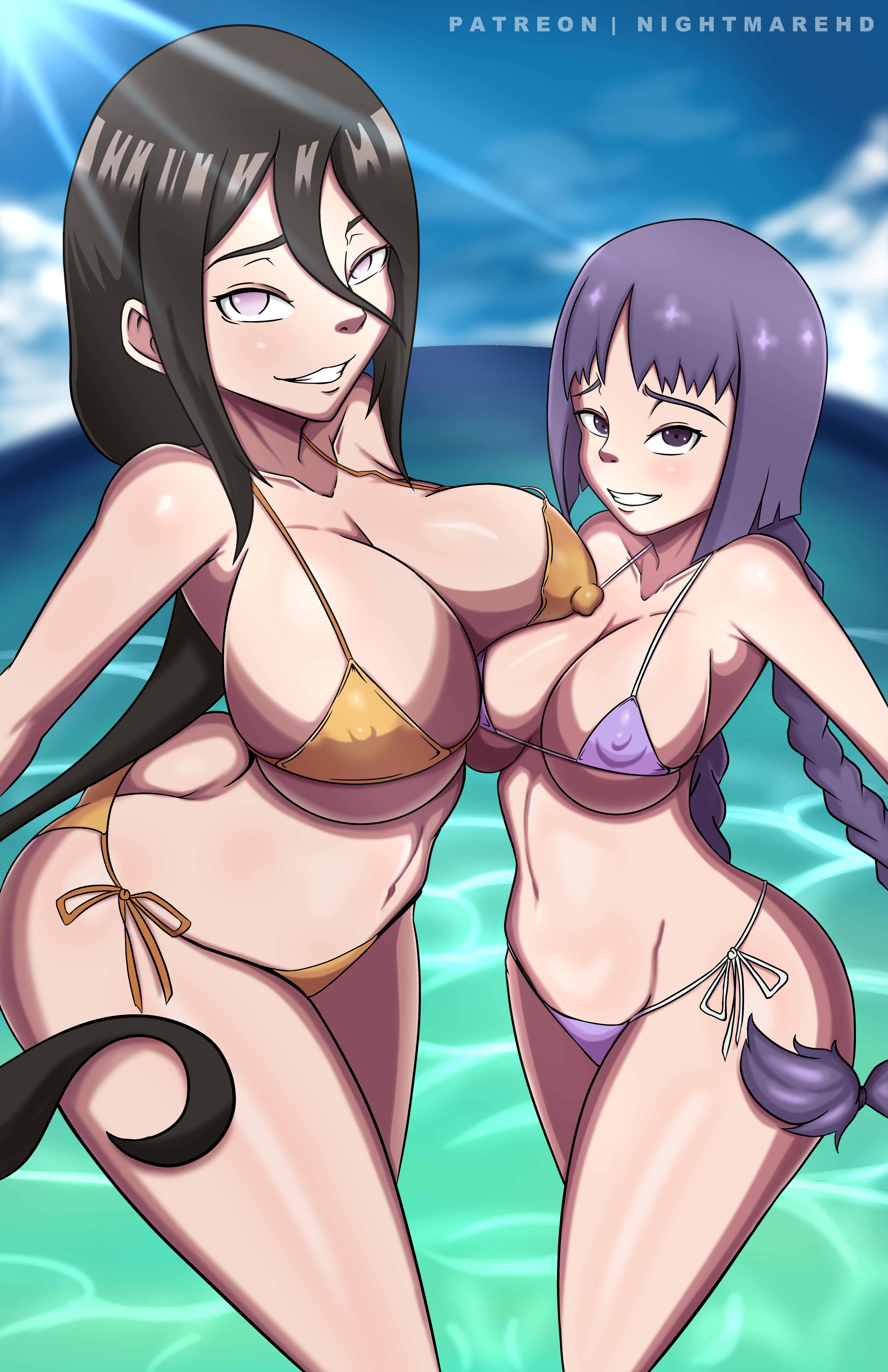 2girls, adapted costume, adult, age difference, asymmetrical docking, bare legs, bare shoulders, big breasts, bikini, blunt bangs, boruto: naruto next generations, braid, braided twintails, breast to breast, breasts, brown hair, cleavage, curvaceous, curvy, curvy female, curvy figure, docking, erect nipples, erect nipples under bikini, female, female only, grin, height difference, highres, hime cut, huge breasts, hyuuga hanabi, kakei sumire, landscape, larger female, light skin, light-skinned female, medium breasts, midriff, multiple females, multiple girls, naruto, naruto (series), nightmare hdraw, nipples, ocean, older female, outdoors, pelvic curtain, perky breasts, petite, pinup, purple eyes, purple hair, shiny, shiny hair, shiny skin, shounen jump, side-tie bikini, size difference, smaller female, sunlight, swimsuit, take your pick, taller female, teacher and student, teenager, tied hair, twintails, very long hair, violet eyes, water, younger female