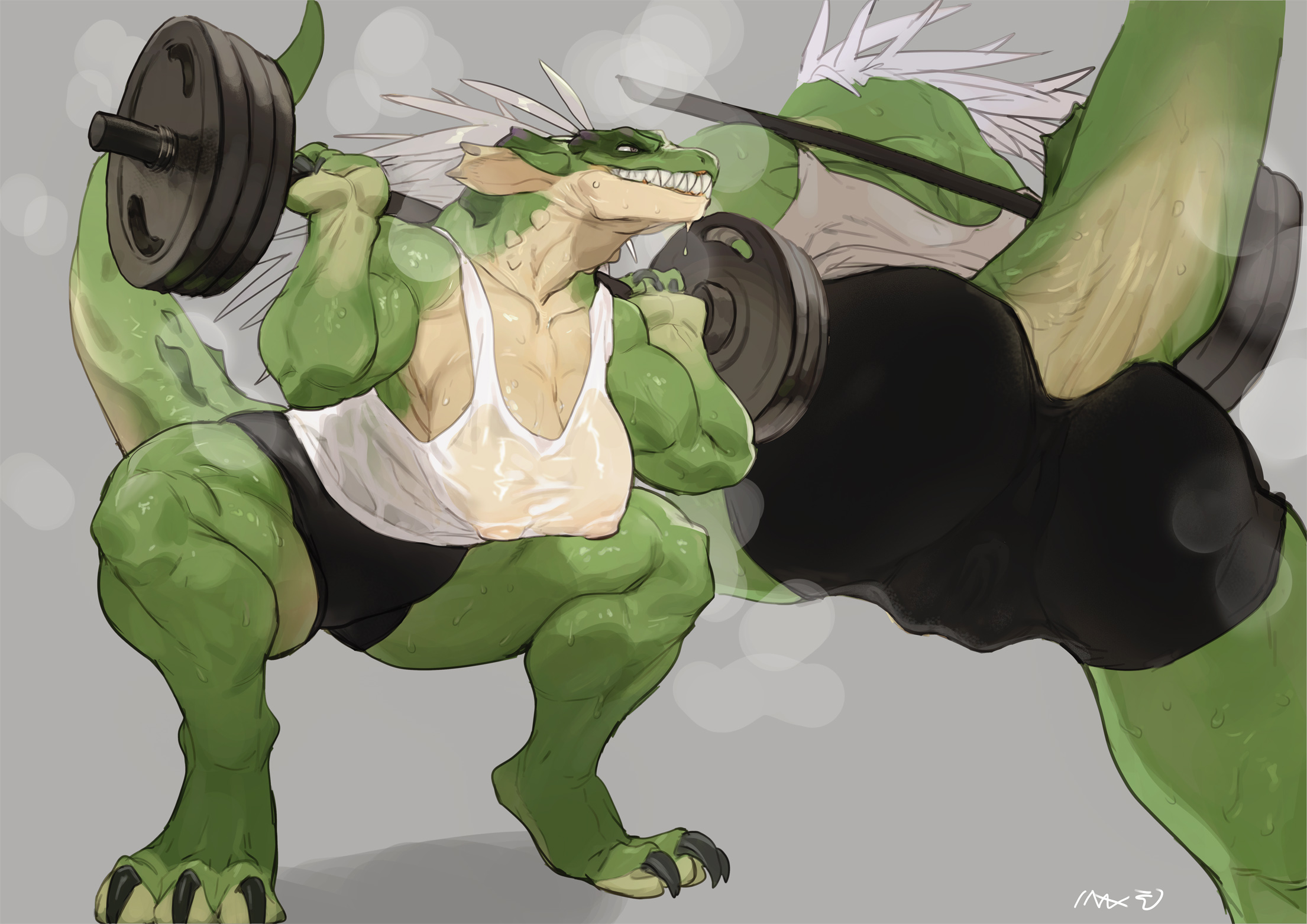2022, 2d, anthro, ass, bebebebebe, biped, bodily fluids, bottomwear, breasts, cameltoe, claws, clenched teeth, clothed, clothing, dinosaur teacher (bebebebebe), exercise, female, finger claws, green body, green scales, hair, hi res, low-angle view, muscular, muscular anthro, muscular female, musk, nipples, pussy, reptile, scales, scalie, scalie female, scalie only, sharp teeth, shirt, shorts, simple background, solo, sweat, tan body, tan scales, tank top, teeth, toe claws, topwear, weightlifting, white hair, workout