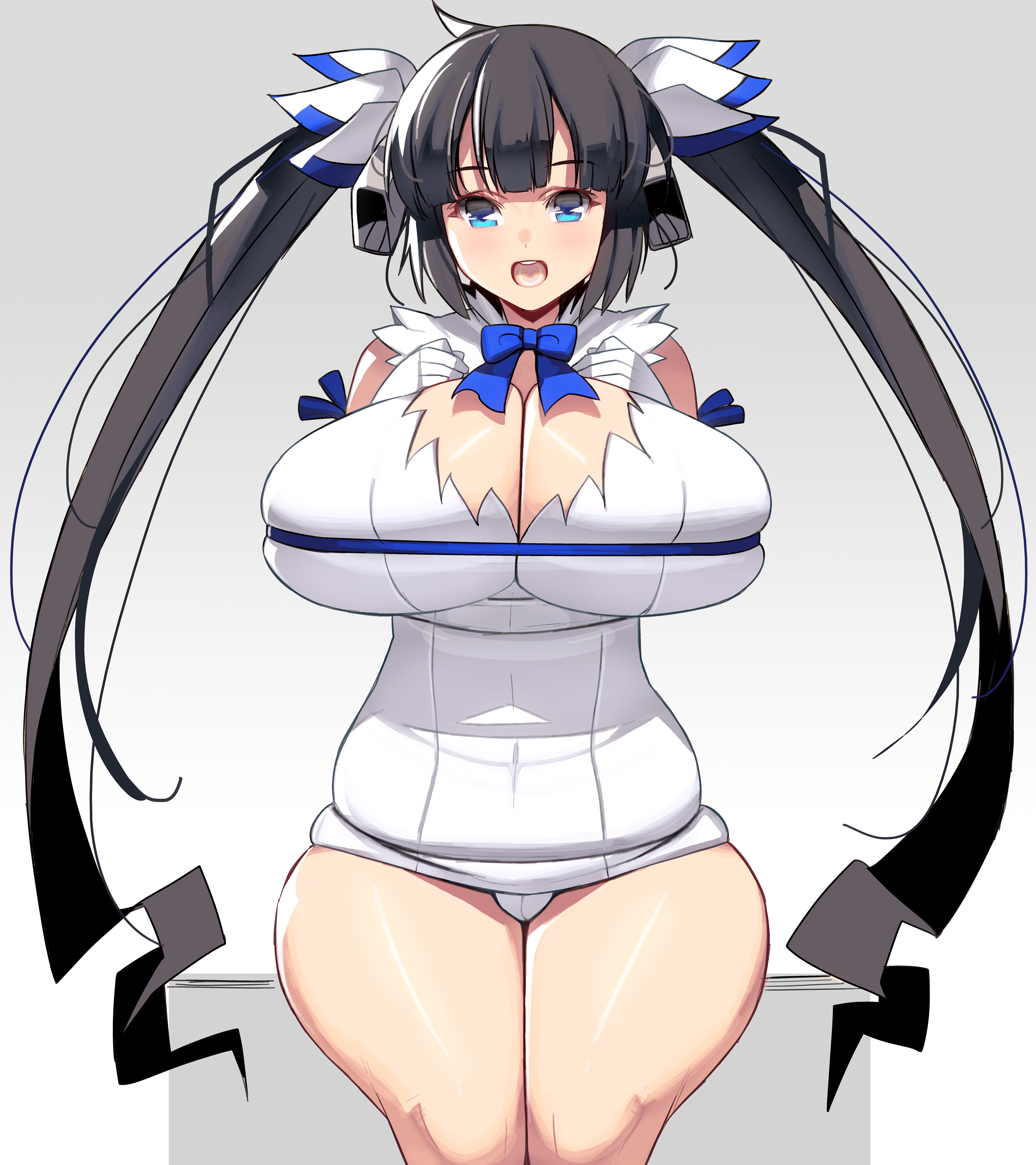 bangs, big breasts, black hair, blue eyes, breasts, cleavage, cleavage cutout, dungeon ni deai wo motomeru no wa machigatteiru darou ka, female, female only, gloves, hair ribbon, hestia (danmachi), huge breasts, long hair, looking at viewer, masao, minidress, open mouth, smile, solo, thick thighs, tight clothing, twintails, very long hair, white gloves, wide hips