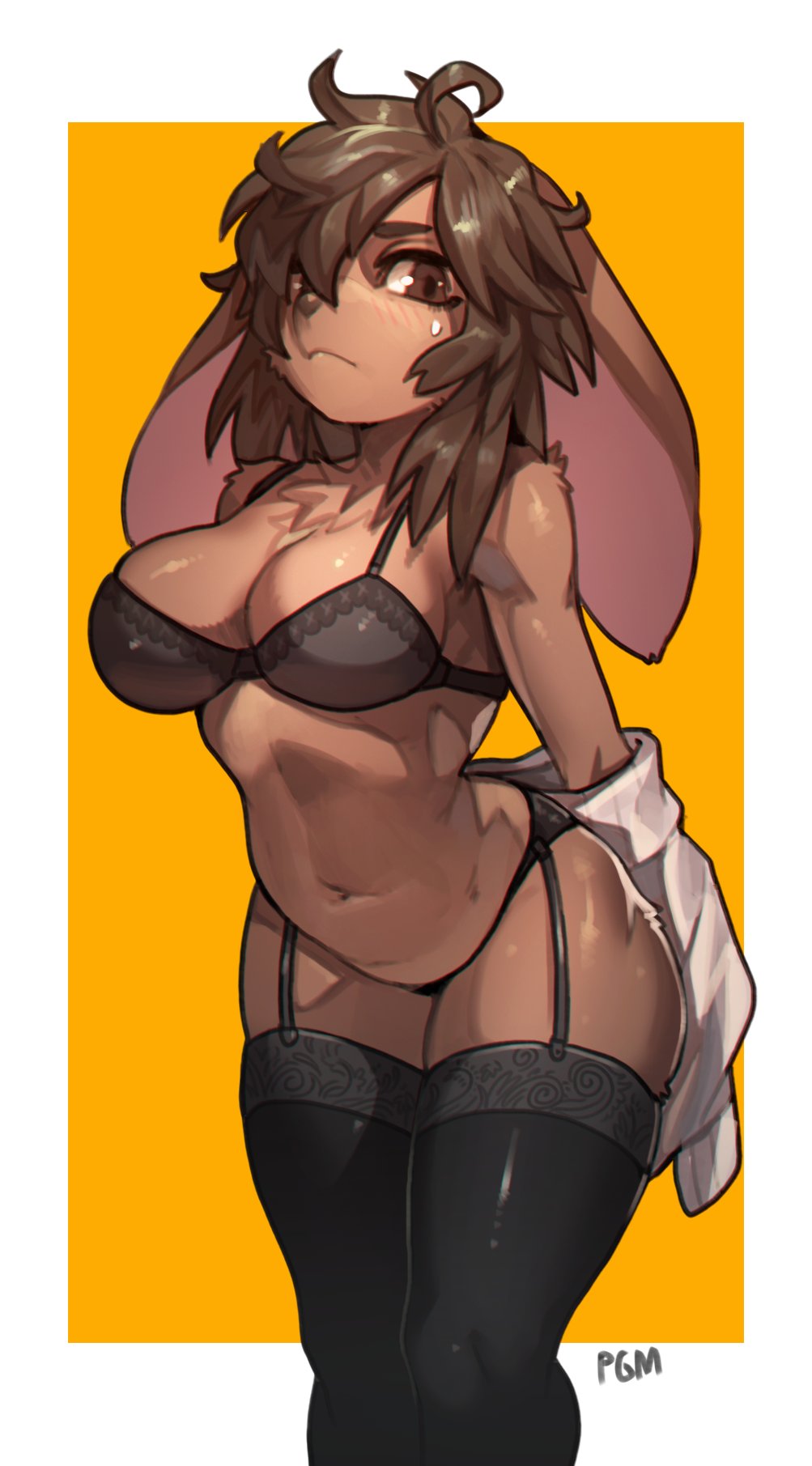 animal_ears anthro arms_behind_back artist_name border borrowed_character bra breasts brown_eyes brown_fur brown_hair bunny_ears feet_out_of_frame female fur furry furry_fetish garter_straps hair_over_one_eye highres looking_at_viewer medium_breasts medium_hair navel original panties pgm300 rabbit_ears rabbit_girl schewiener simple_background solo stockings sweatdrop thighhighs two-tone_background underwear watermark white_border yellow_background