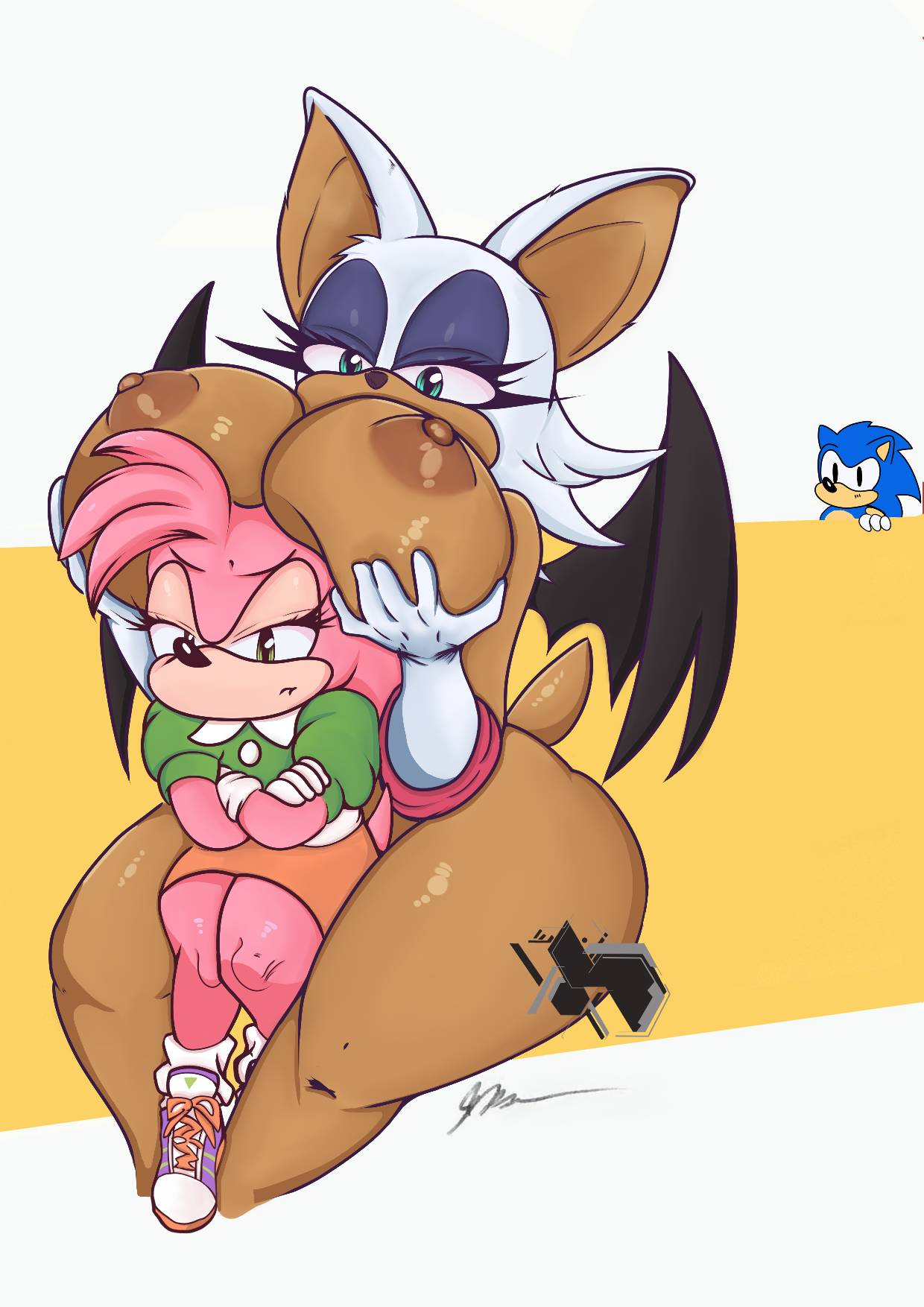 amy rose, anthro, arms crossed, bat, blue eyes, blue hair, breasts, classic amy rose, classic sonic, erect nipples, eyelashes, eyeshadow, female, female focus, furry, gloves, hedgehog, huge breasts, nipples, pink fur, rouge the bat, sonic (series), sonic the hedgehog, sonic the hedgehog (series), tail, thick thighs, thunder thighs, vampiricpig, white fur, wings, yuri