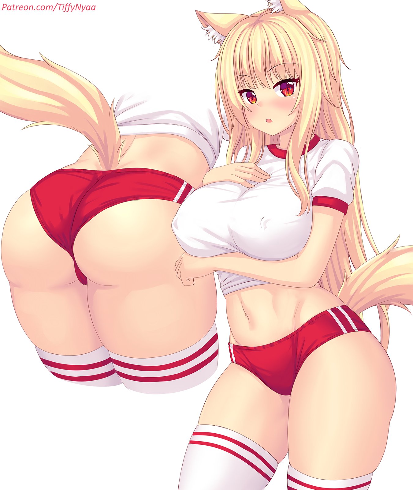 animal ears, ass, blonde hair, blush, breasts, buruma, erect nipples, erect nipples under clothes, female, long hair, looking at viewer, multiple poses, navel, nipples, original, red eyes, standing, tagme, tail, thighhighs, thighs, tiffy, tiffynyaa