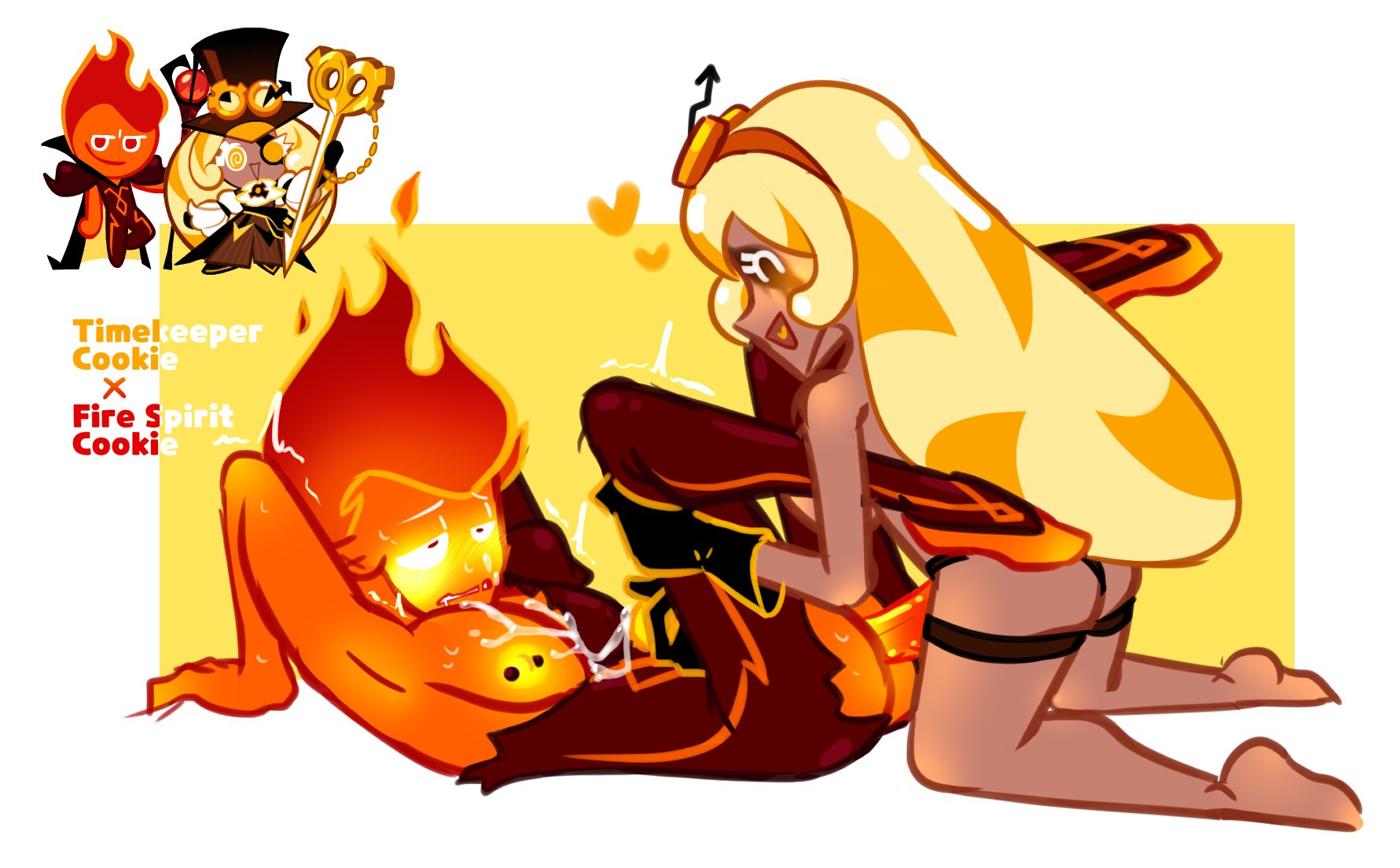 2022, ass, background, big breasts, blonde hair, blush, breasts, closed eyes, cookie run, cum, cum in body, eyes, female, female on top, female/male, fire, fire spirit cookie, grabbing, grabbing thighs, hair, happy, heart, long hair, male, male/female, marshii lewds, naked, naked female, open mouth, orange hair, orange skin, pegging, pleasure face, ripped clothing, ship, short hair, simple background, source, straight, straight sex, strap-on, strapon, timekeeper cookie, trembling, white background, yellow blush
