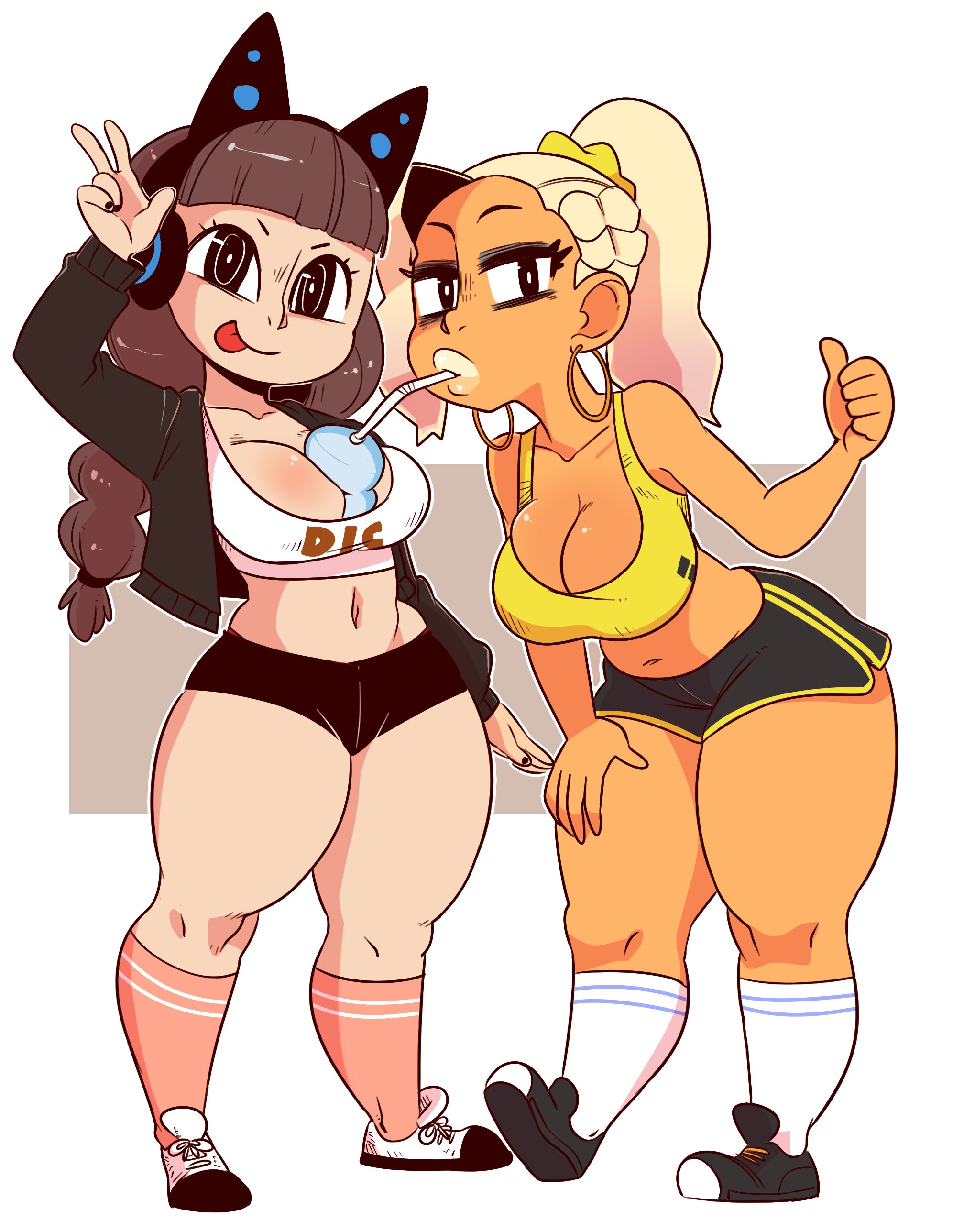 2girls, between breasts, big breasts, black eyes, blonde hair, breasts, brown hair, cat ear headphones, container, cup, female, female only, gats, gyaru, gym thots (nuclearwasabi & gats), headphones, jacket, kneehighs, large breasts, leggings, light skin, light-skinned female, nuclearwasabi, original, original character, original characters, shorts, shortstack, tagme, tank top, thick thighs, thighs, yuri