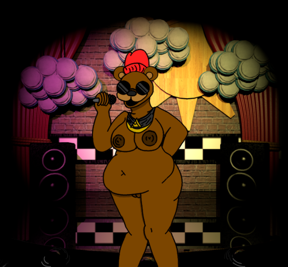 animatronic anthro beanie big_breasts biggie_cheese biggie_freddy breasts brown_nipples clothing eyewear female five_nights_at_freddy's freddy_(fnaf) genitals glasses hat headgear headwear jewelry mammal microphone nipples obese obese_anthro obese_female overweight overweight_anthro overweight_female scottgames solo swag ursid video_games wide_hips