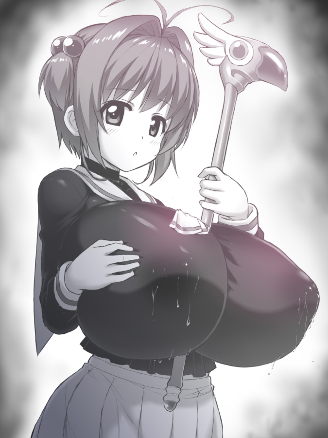 1girls 2019 ahoge alternate_breast_size areola_bulge areolae baby_face big_breasts black_uniform breasts breasts_bigger_than_head cardcaptor_sakura clothed_breasts clothing cowboy_shot double_ahoge female female_only fringe gigantic_breasts greyscale hair hair_ornament hair_strand huge_breasts human lactation lactation_through_clothes light-skinned_female light_skin long_sleeves looking_at_viewer magic_wand monochrome monochrome_background open_mouth otoo_(izanagi) pigtails ribbon sailor_collar sakura_kinomoto school_uniform serafuku short_hair skirt solo to-gnaniwa tomoeda_elementary_school_uniform touching_breast uniform wand