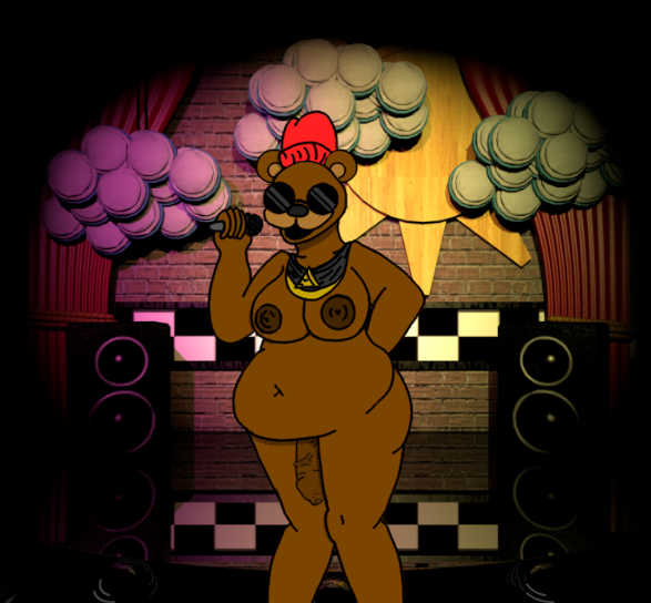 anthro beanie big_breasts biggie_cheese biggie_freddy breasts brown_nipples clothing eyewear five_nights_at_freddy's freddy_(fnaf) futa_only futanari genitals glasses hat headgear headwear jewelry mammal microphone nipples obese obese_anthro obese_female overweight overweight_anthro overweight_female scottgames solo swag ursid video_games wide_hips