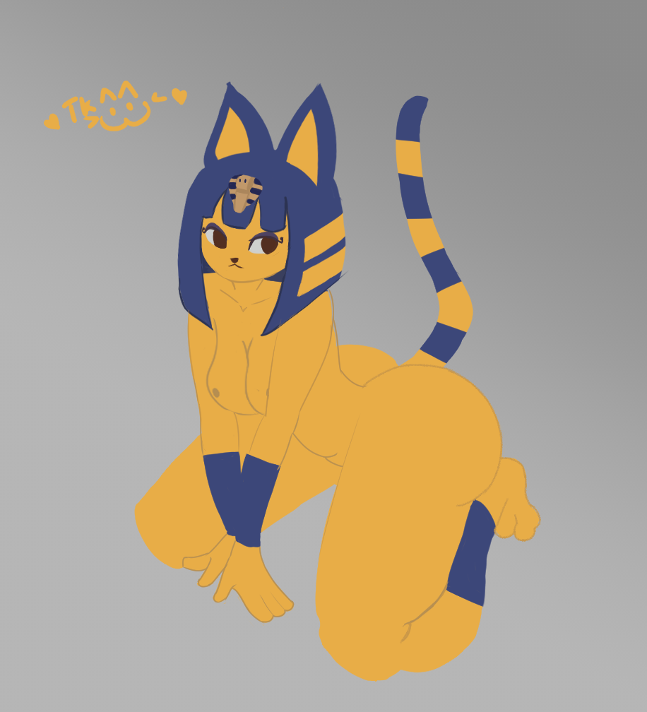 2d 2d_(artwork) 2d_artwork animal_crossing ankha ankha_(animal_crossing) ankha_(hazeker) anthro blue_hair brown_eyes doubutsu_no_mori feline female furry gizmox98 hazeker kneeling nairu_(doubutsu_no_mori) nintendo short_hair solo striped_tail yellow_fur