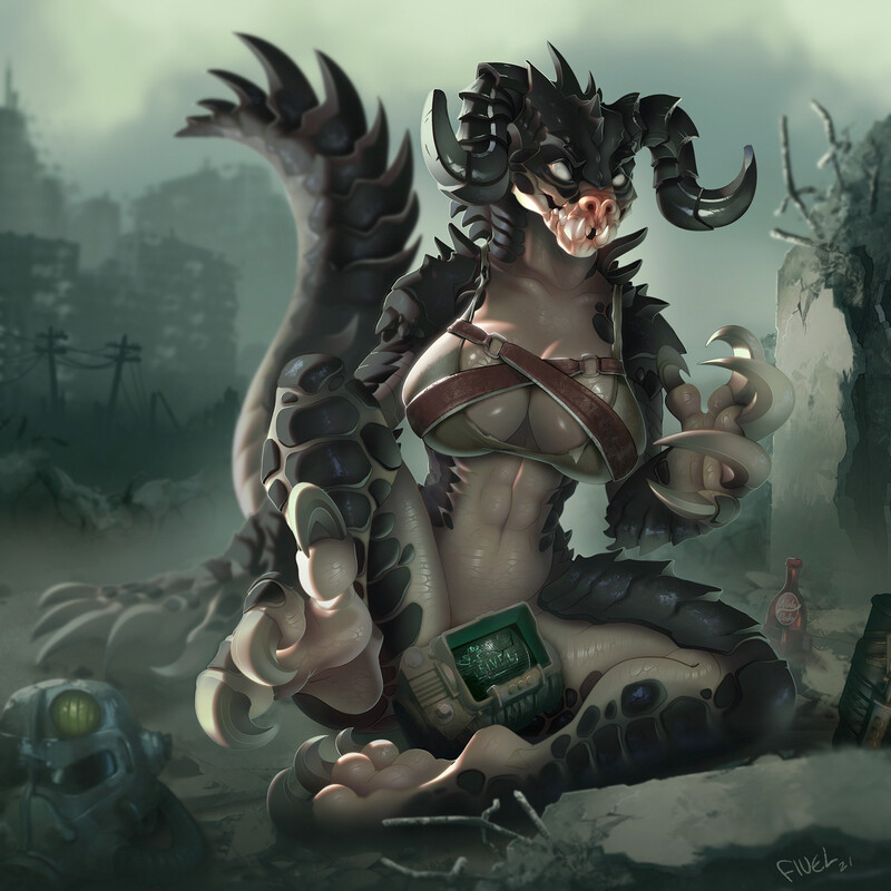 1girls abs anthro athletic_female big_breasts bikini_top bottomless breast_strap breasts censored chest_strap claws cleavage convenient_censoring curved_horn deathclaw dewclaw fallout female female_deathclaw female_only fivel horns lizard monster no_sclera nuka-cola pip-boy ruins scalie sitting solo solo_female solo_focus spreading_legs white_eyes