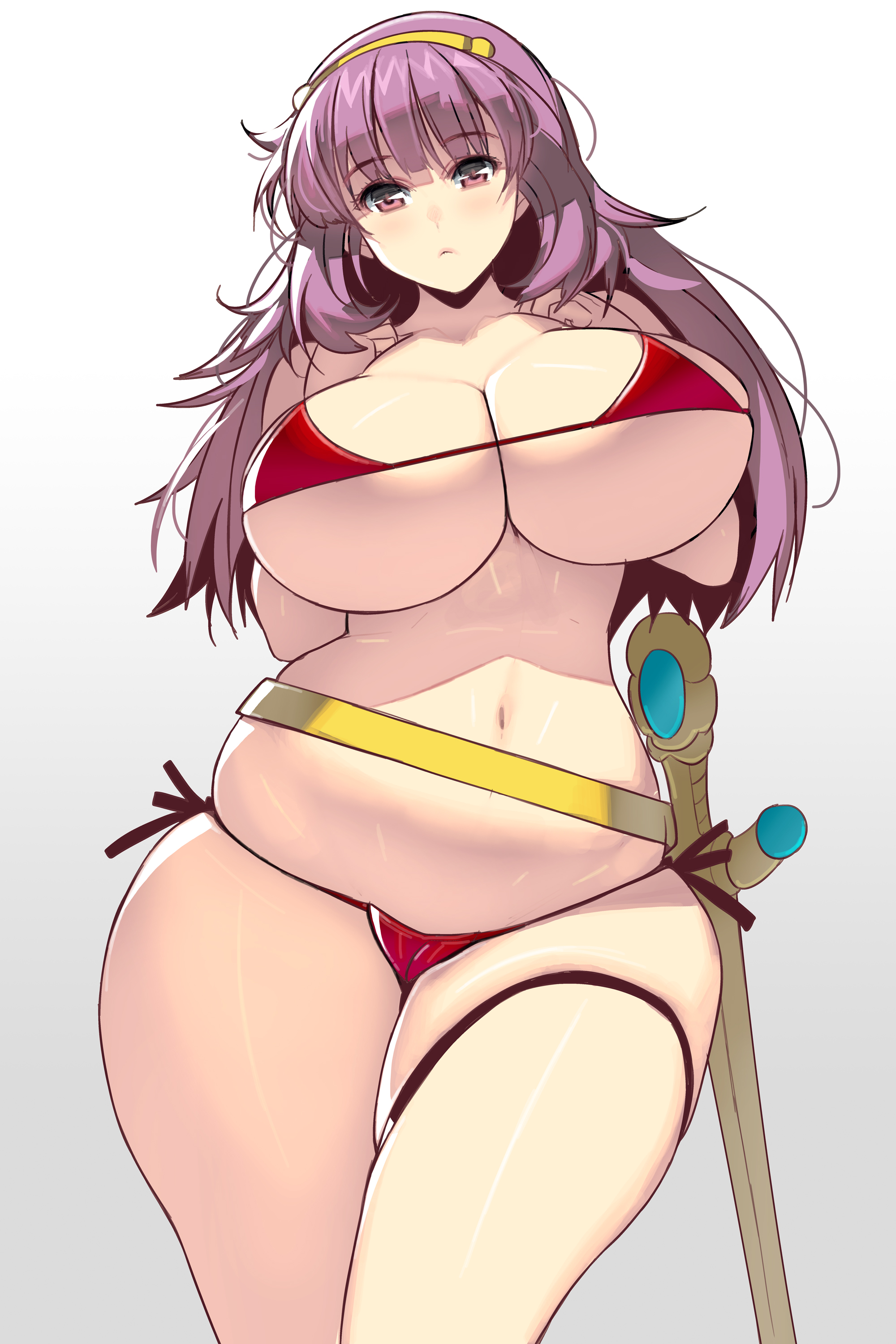 athena asamiya, belt, big breasts, bikini, breasts, cameltoe, cleavage, curvaceous, curvy, female, female only, hairband, huge breasts, king of fighters, long hair, looking at viewer, masao, plump, purple hair, pussy, red bikini, side-tie bikini, solo, swimsuit, sword, thick thighs, thigh strap, thunder thighs, underboob, voluptuous, weapon, wide hips