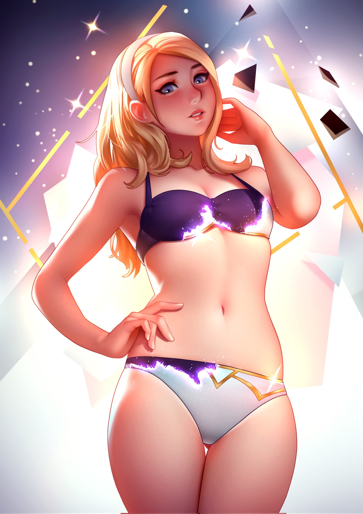 1girls bikini blonde_hair blue_eyes fair-skinned_female fair_skin female female_focus female_only league_of_legends light-skinned_female light_skin looking_at_viewer luxanna_crownguard midriff solo solo_female solo_focus tsuaii