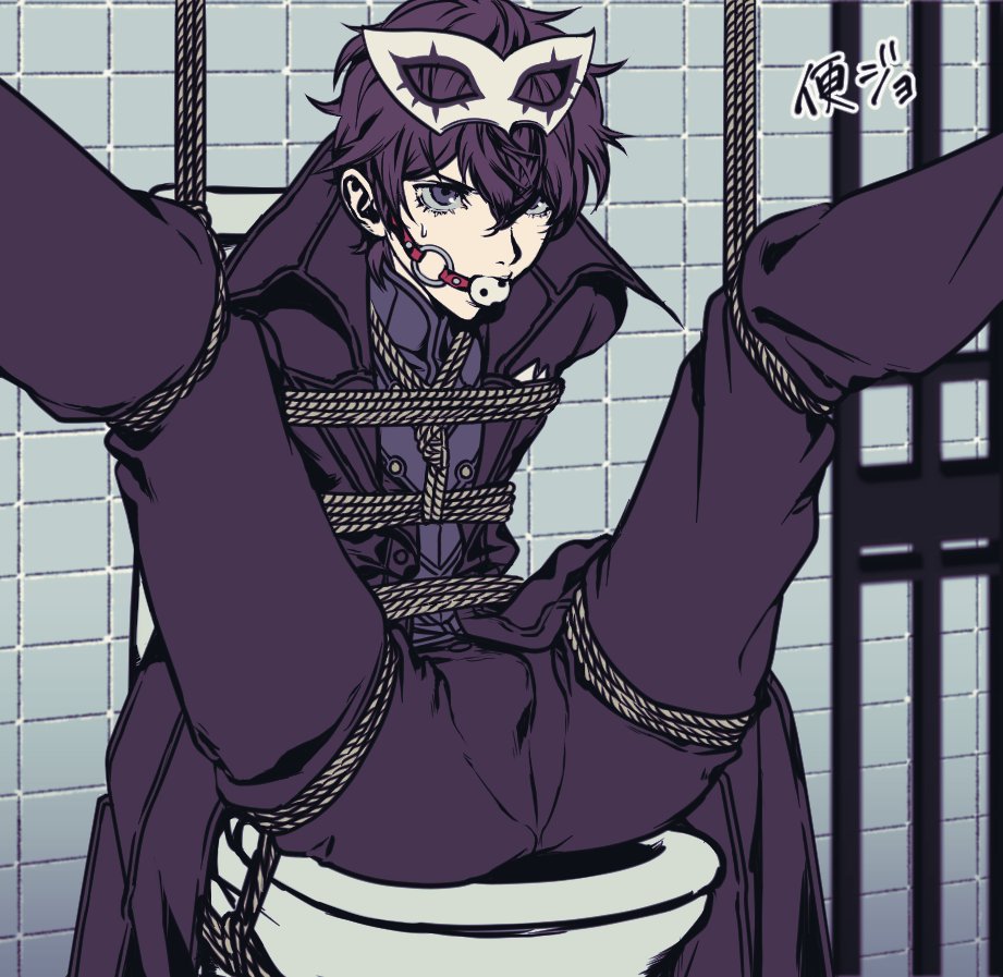1boy, ball gag, black hair, bondage, gay, imminent rape, joker (persona), legs held open, male, male focus, male only, persona, persona 5, ren amamiya, rope bondage, solo male, sweatdrop, toilet, yaoi