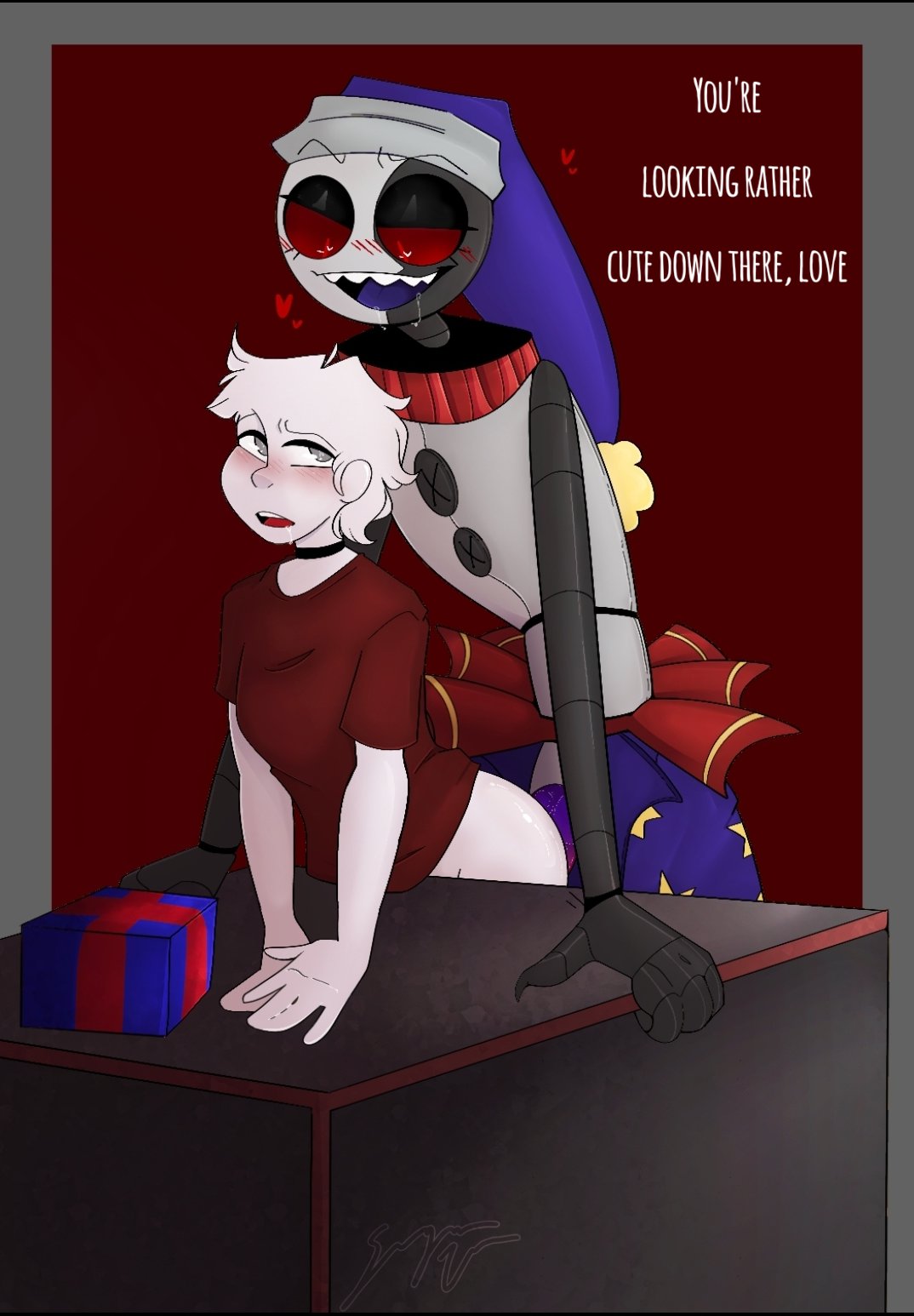 1boy, 1girls, animatronic, bent over table, blush, desk, drool, drooling, female, five nights at freddy's, five nights at freddy's: security breach, heart, male, moondrop, nervous, original character, penis, robot, slime, slimy, straight, sugarvee, tentacle, tentacle penis