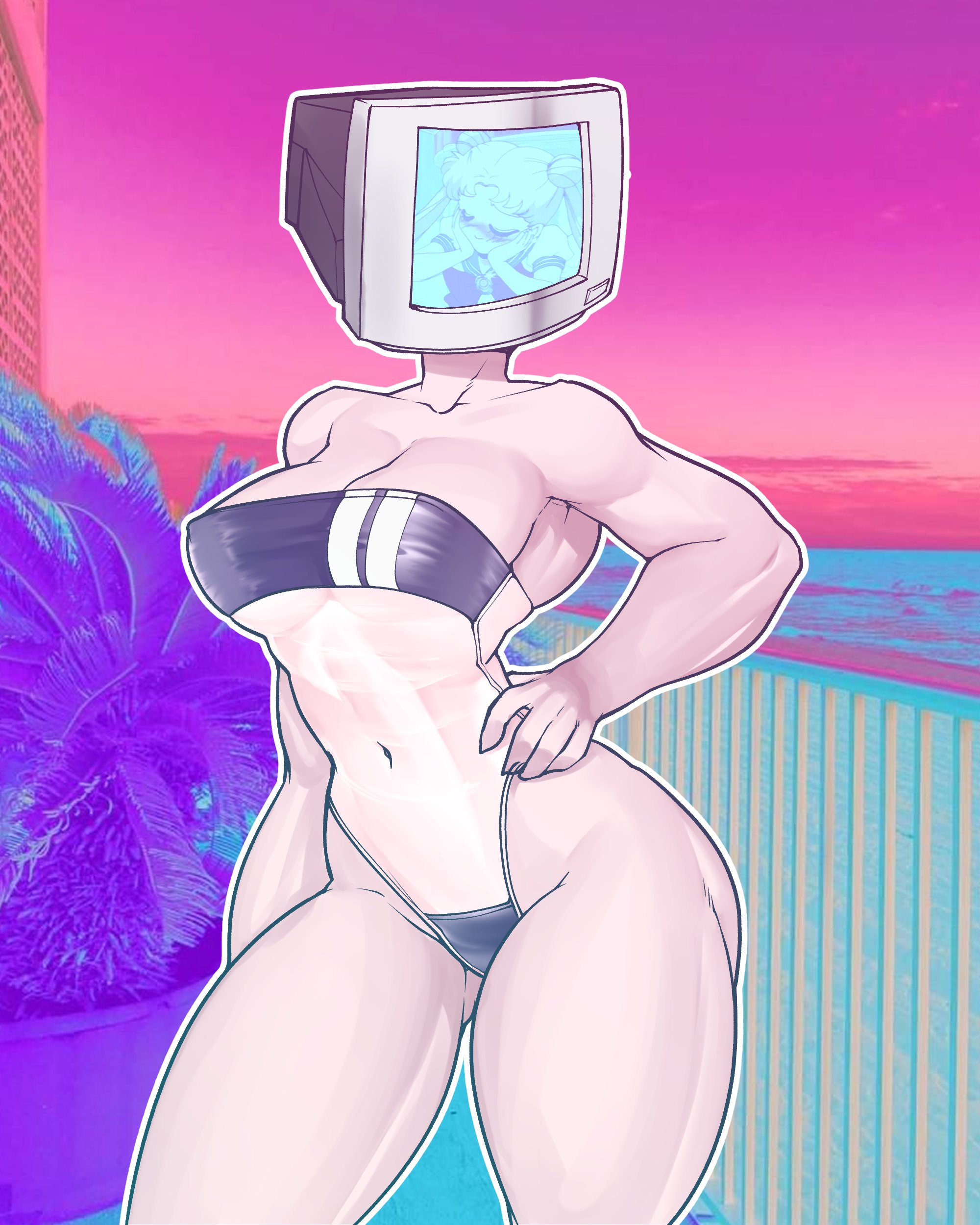 1girls, bikini, cleavage, curvy, female, gris swimsuit, hand on hip, limited palette, meme attire, noodledoodles, ocean, one-piece swimsuit, outline, palm tree, photo background, serahmoon (vtuber), solo, swimsuit, tv, tv head, vaporwave, virtual youtuber