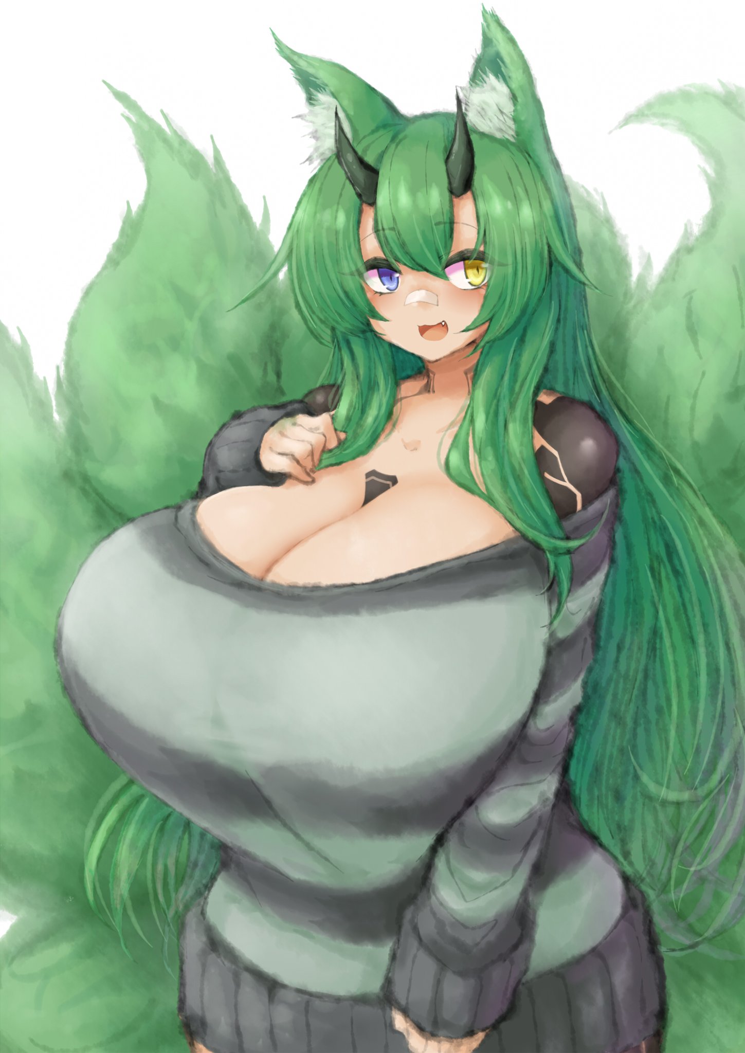 2b213, big breasts, breasts, female, fox ears, fox girl, green hair, heterochromia, horns, huge breasts, kitsune, tagme, thick thighs