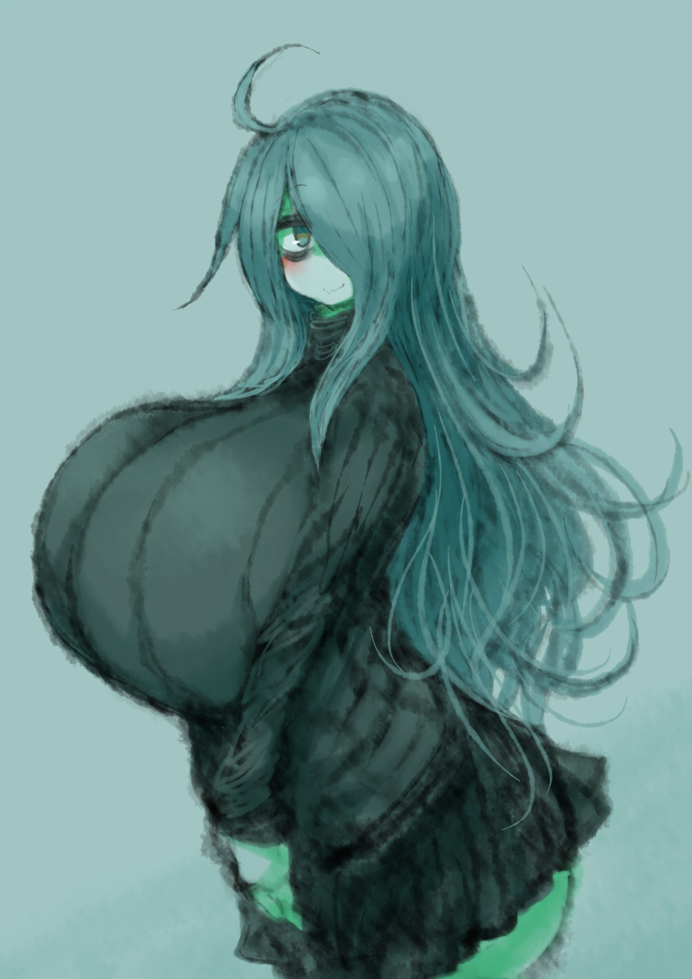 2b213, breasts, eye bags, female, hair over one eye, huge breasts, human, mei (2b213), solo