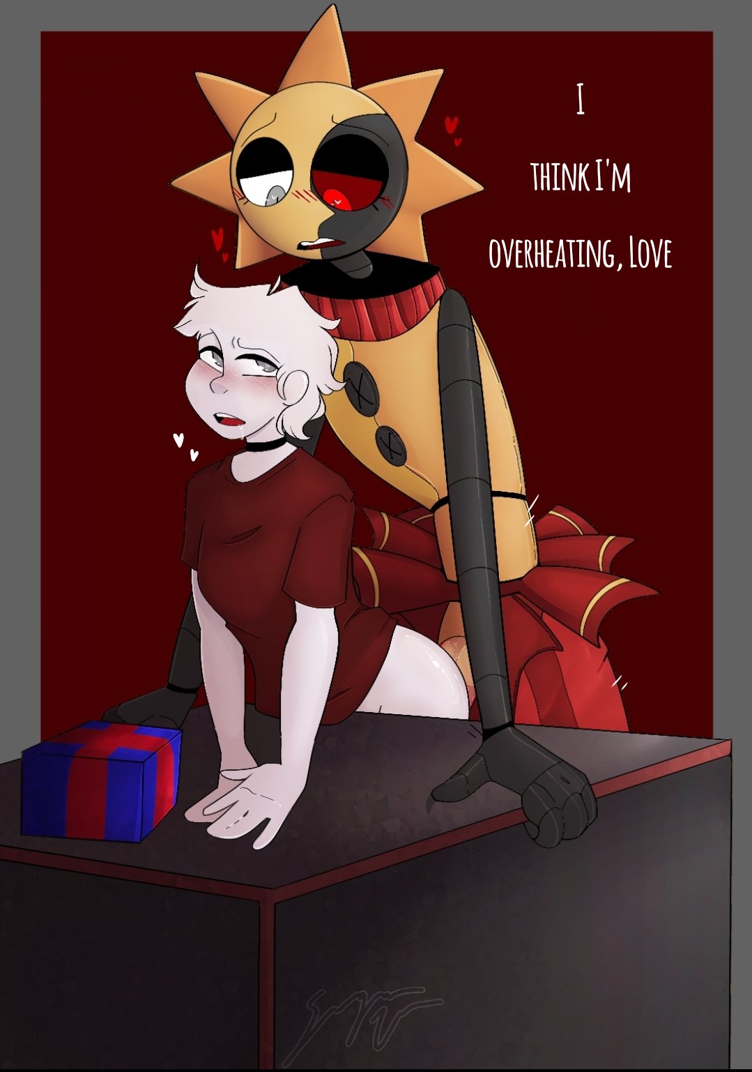 animatronic, bent over table, blush, desk, drool, drooling, embarrassed, female, five nights at freddy's, five nights at freddy's: security breach, hearts, male, nervous, original character, penis, robot, slime, slimy, straight, sugarvee, sundrop, tentacle, tentacle penis