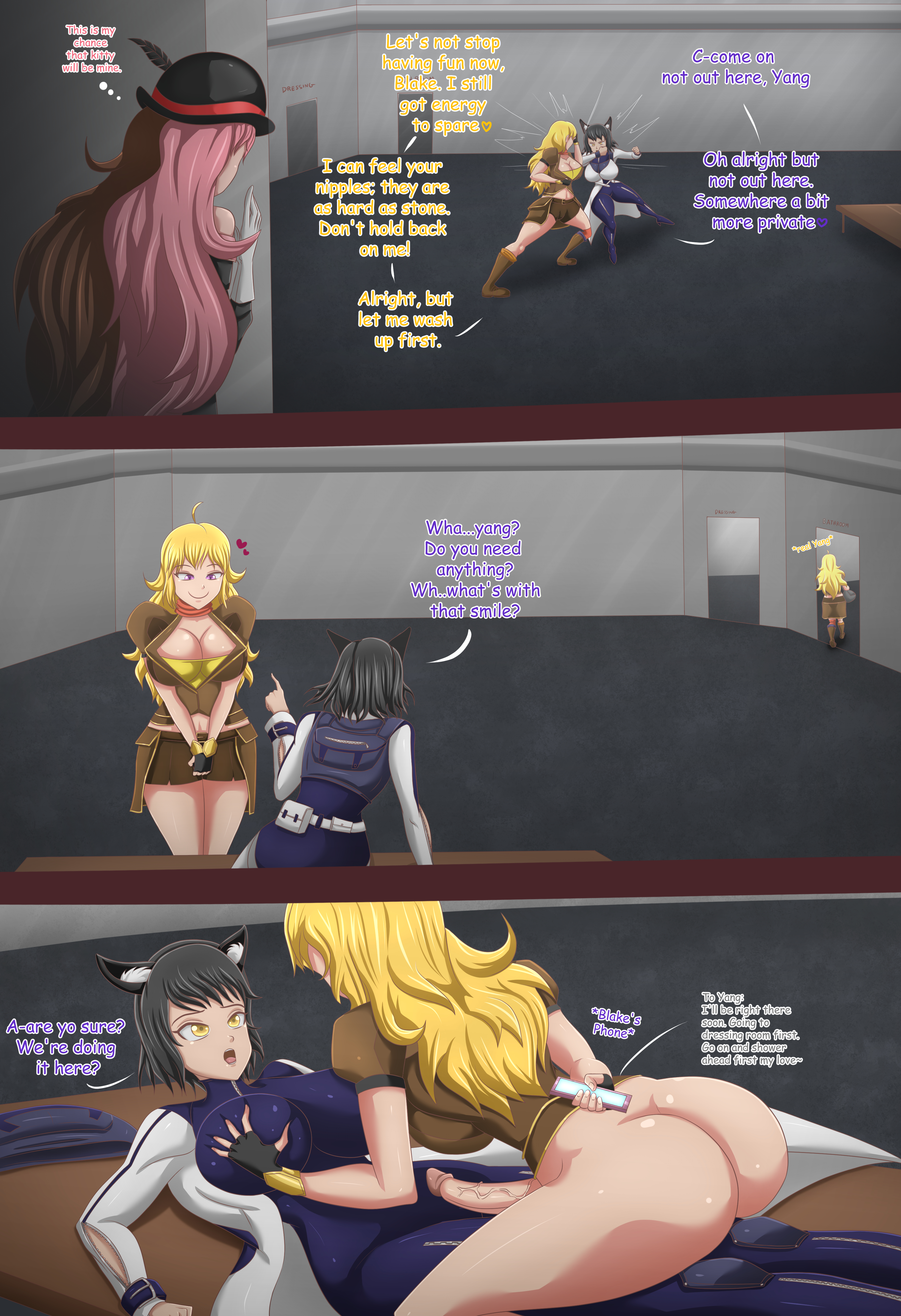 1futa, 2girls, black hair, blake belladonna, blonde hair, cheating, comic, comic page, cucked by futa, cuckold, cuckquean, disguise, english text, female, futa on female, futanari, human, illusion, intersex, magnificentsexygals, multicolored hair, neo (rwby), netorare, ntr, rwby, shapeshifting, spying, text, text bubble, yang xiao long