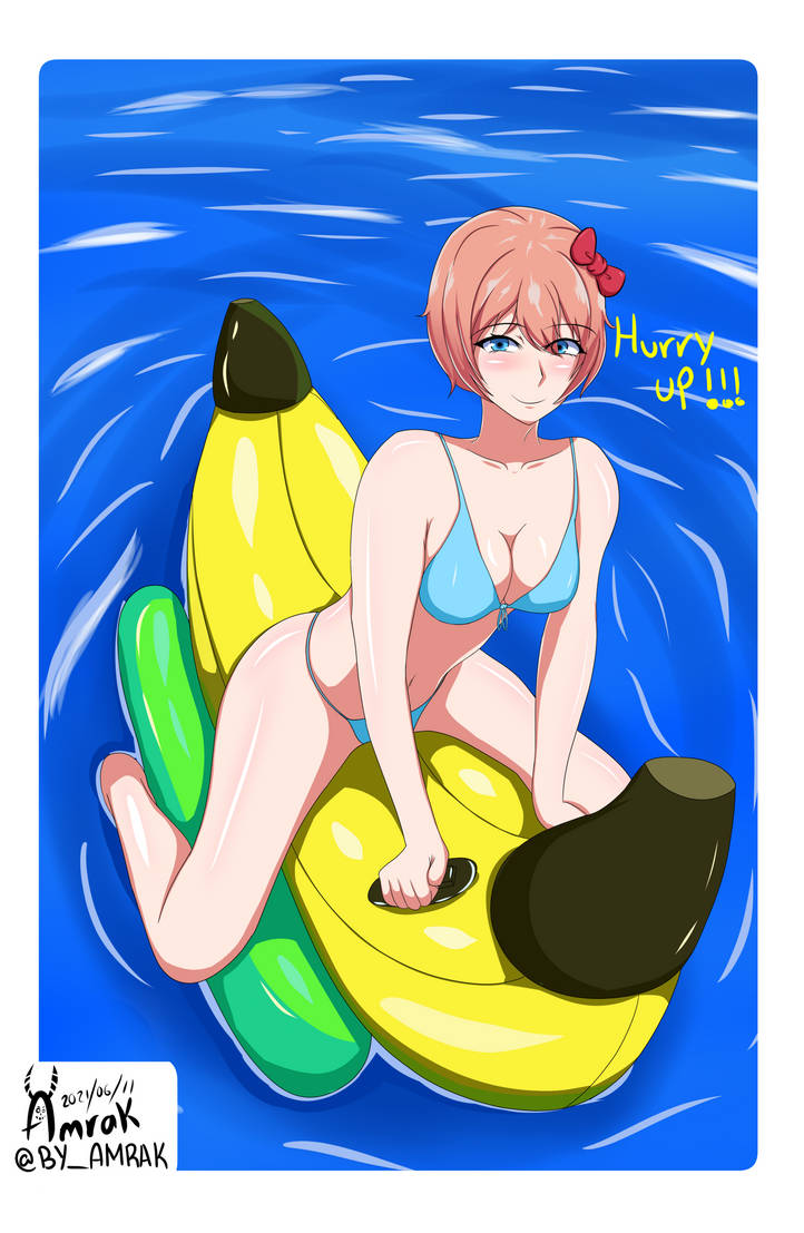 amrak banana blue_eyes blush cleavage doki_doki_literature_club female in_water just_sayori looking_at_viewer looking_up pool_toy red_hair_bow sayori_(doki_doki_literature_club) smiling straddling strawberry_blonde_hair swimsuit text