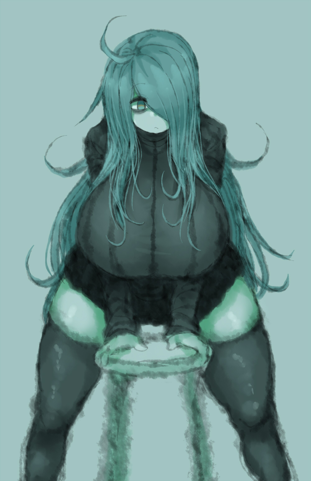 2b213, breasts, clothed, eye bags, female, hair over one eye, huge breasts, human, mei (2b213), solo, thick thighs, thighhighs